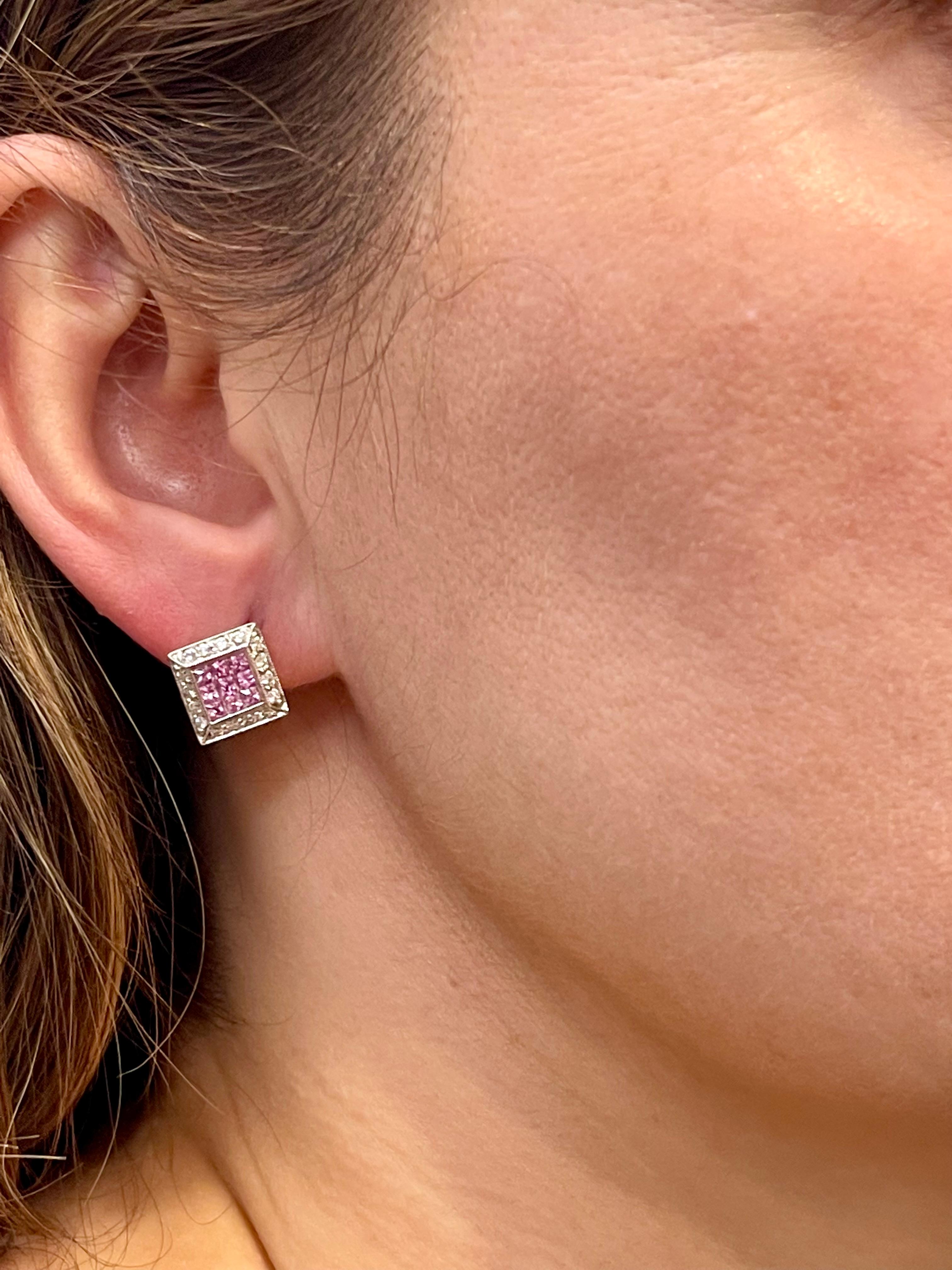 Invisible Mystery Set Pink Sapphire & Diamond Stud Earring 14 Karat White Gold For Sale 13