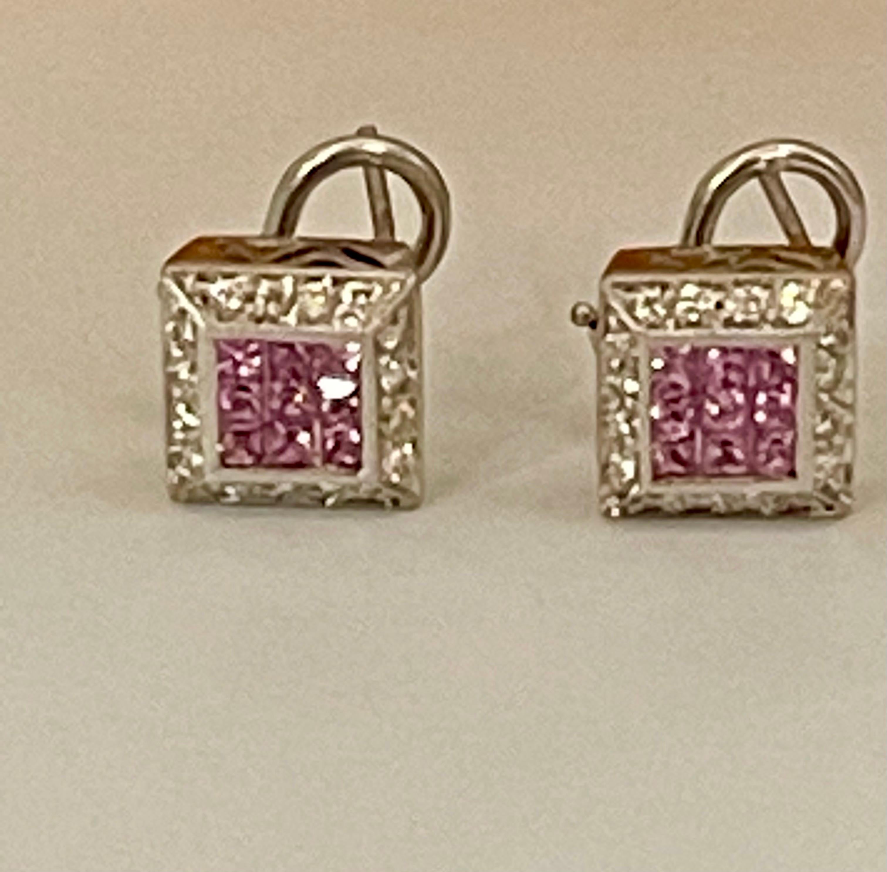 Invisible Mystery Set Pink Sapphire & Diamond Stud Earring 14 Karat White Gold In Excellent Condition For Sale In New York, NY