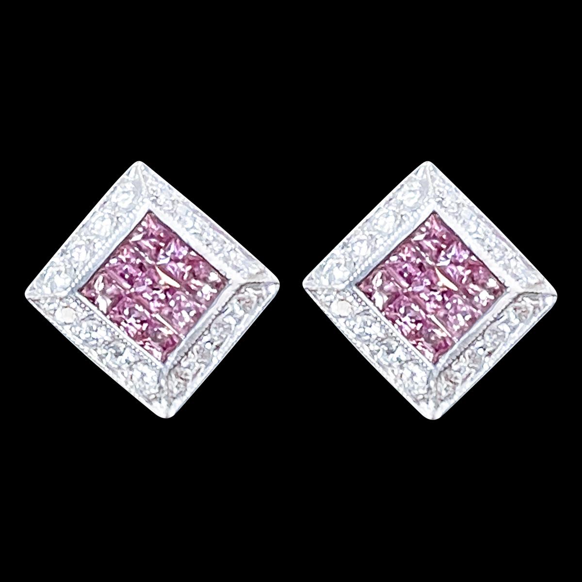 Invisible Mystery Set Pink Sapphire & Diamond Stud Earring 14 Karat White Gold
perfect pair made in  14 Karat White  gold . 
14 K gold 7.6 Grams
 Diamonds: approximate 0.70 carat , VS Quality G color
 Pink sapphire   natural  : approximately 0.6  Ct