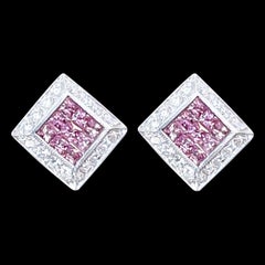 Invisible Mystery Set Pink Sapphire & Diamond Stud Earring 14 Karat White Gold