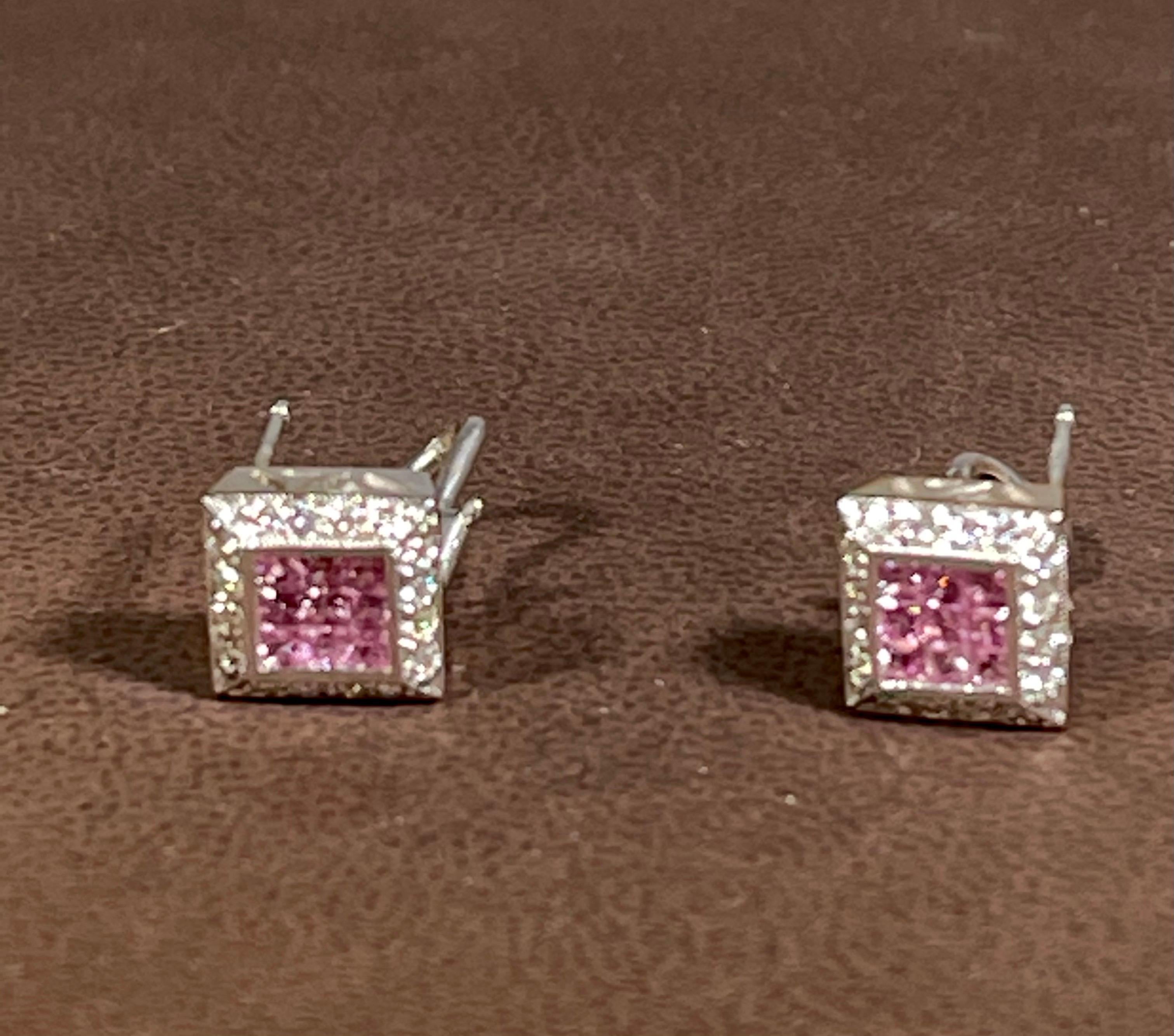 Women's Invisible Mystery Set Pink Sapphire & Diamond Stud Earring 14 Karat White Gold For Sale