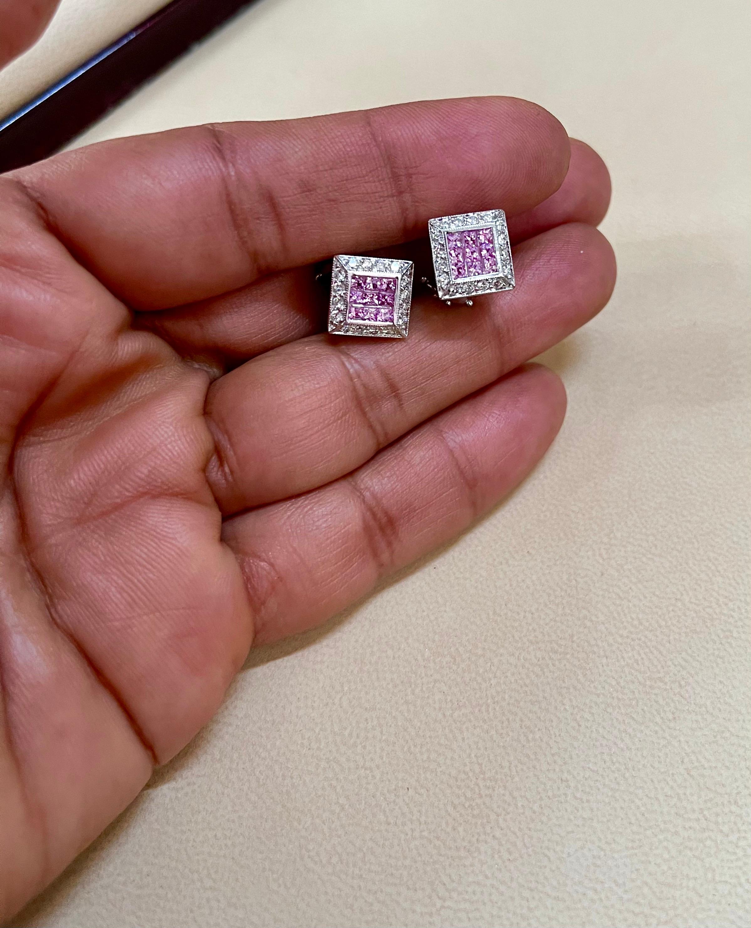 Invisible Mystery Set Pink Sapphire & Diamond Stud Earring 14 Karat White Gold For Sale 1