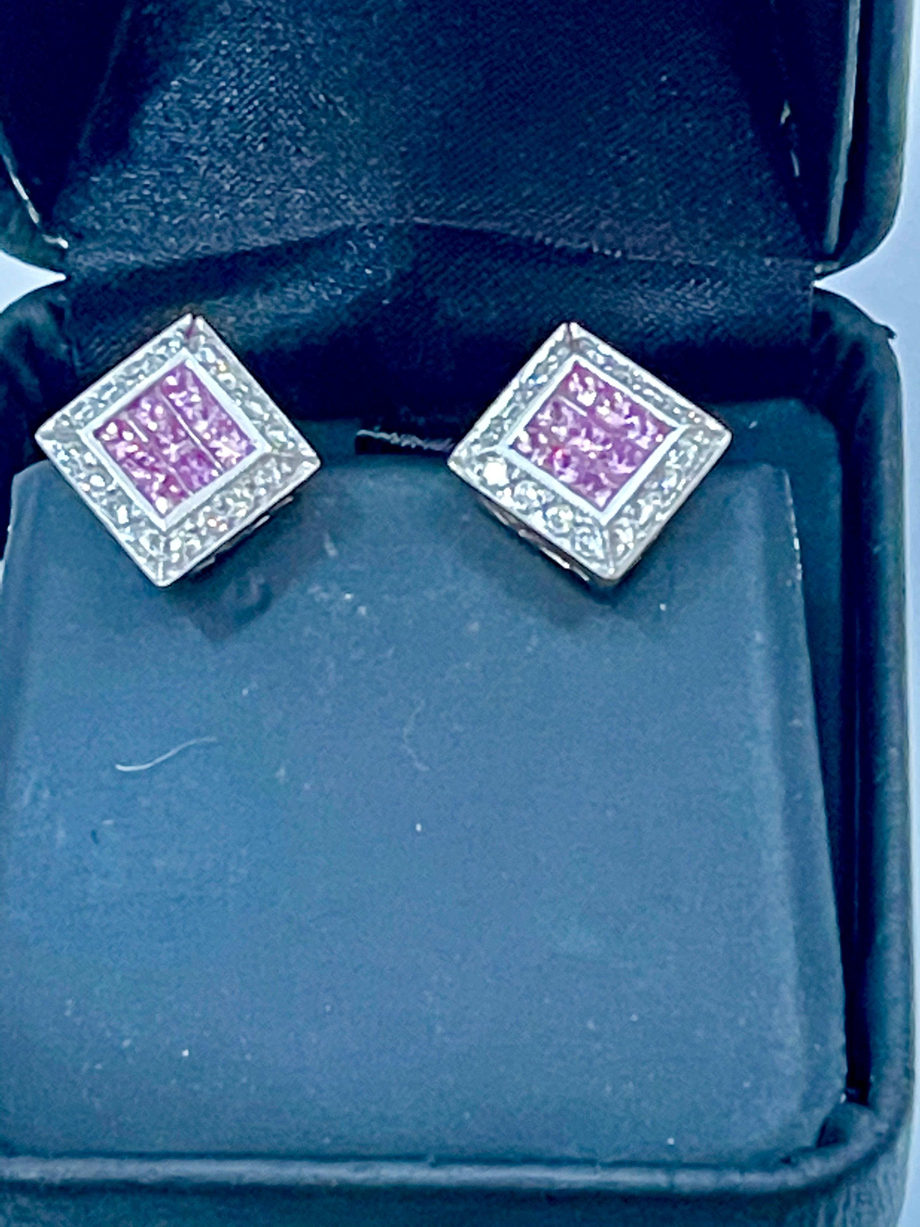 Invisible Mystery Set Pink Sapphire & Diamond Stud Earring 14 Karat White Gold For Sale 2
