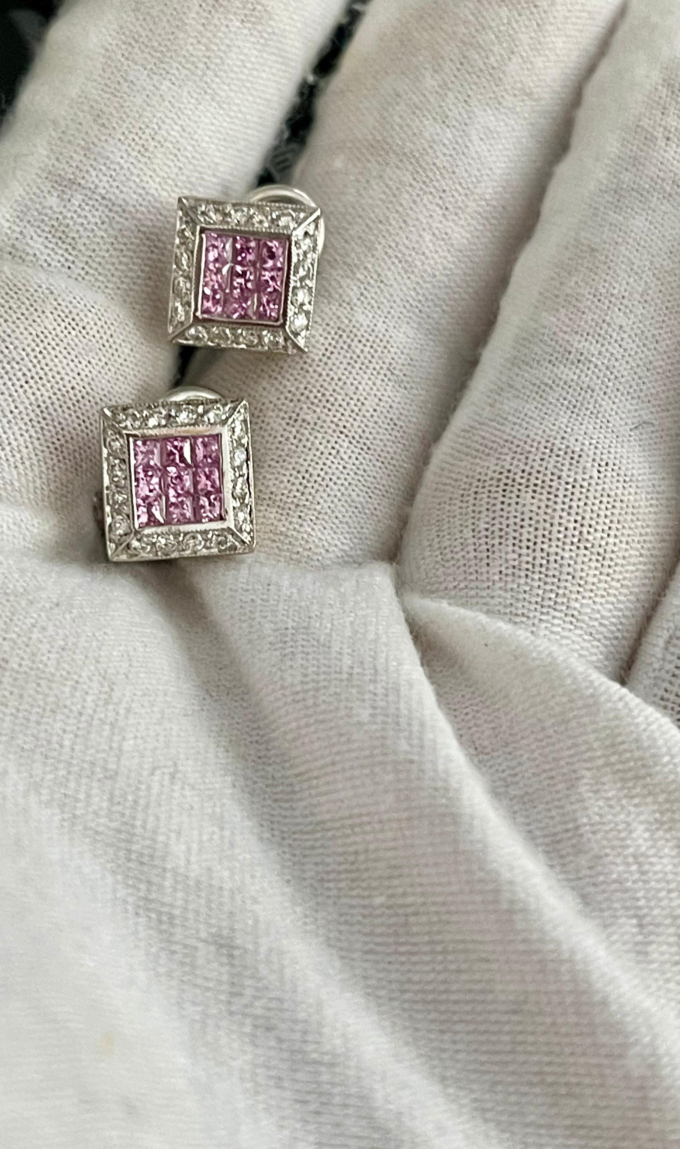 Invisible Mystery Set Pink Sapphire & Diamond Stud Earring 14 Karat White Gold For Sale 4