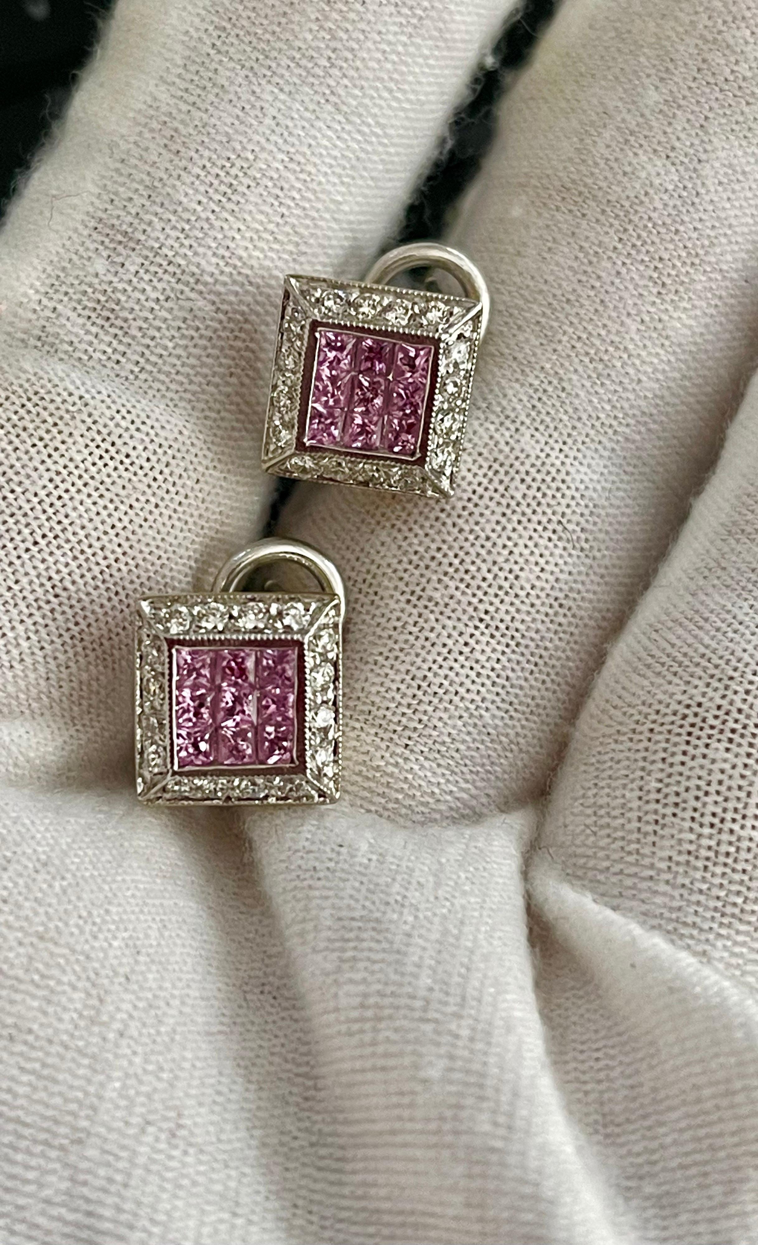 Invisible Mystery Set Pink Sapphire & Diamond Stud Earring 14 Karat White Gold For Sale 6