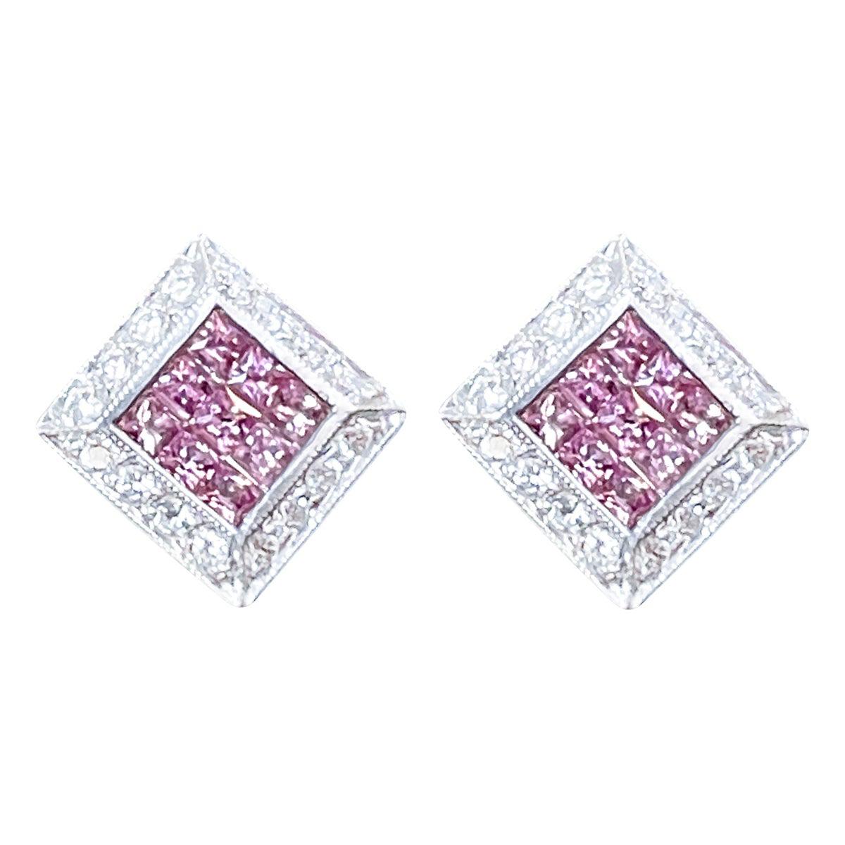 Invisible Mystery Set Pink Sapphire & Diamond Stud Earring 14 Karat White Gold For Sale