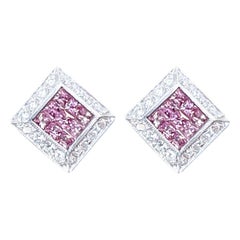 Invisible Mystery Set Pink Sapphire & Diamond Stud Earring 14 Karat White Gold