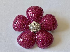 Invisible Mystery Set Ruby and Diamond Flower Brooch and Pendant