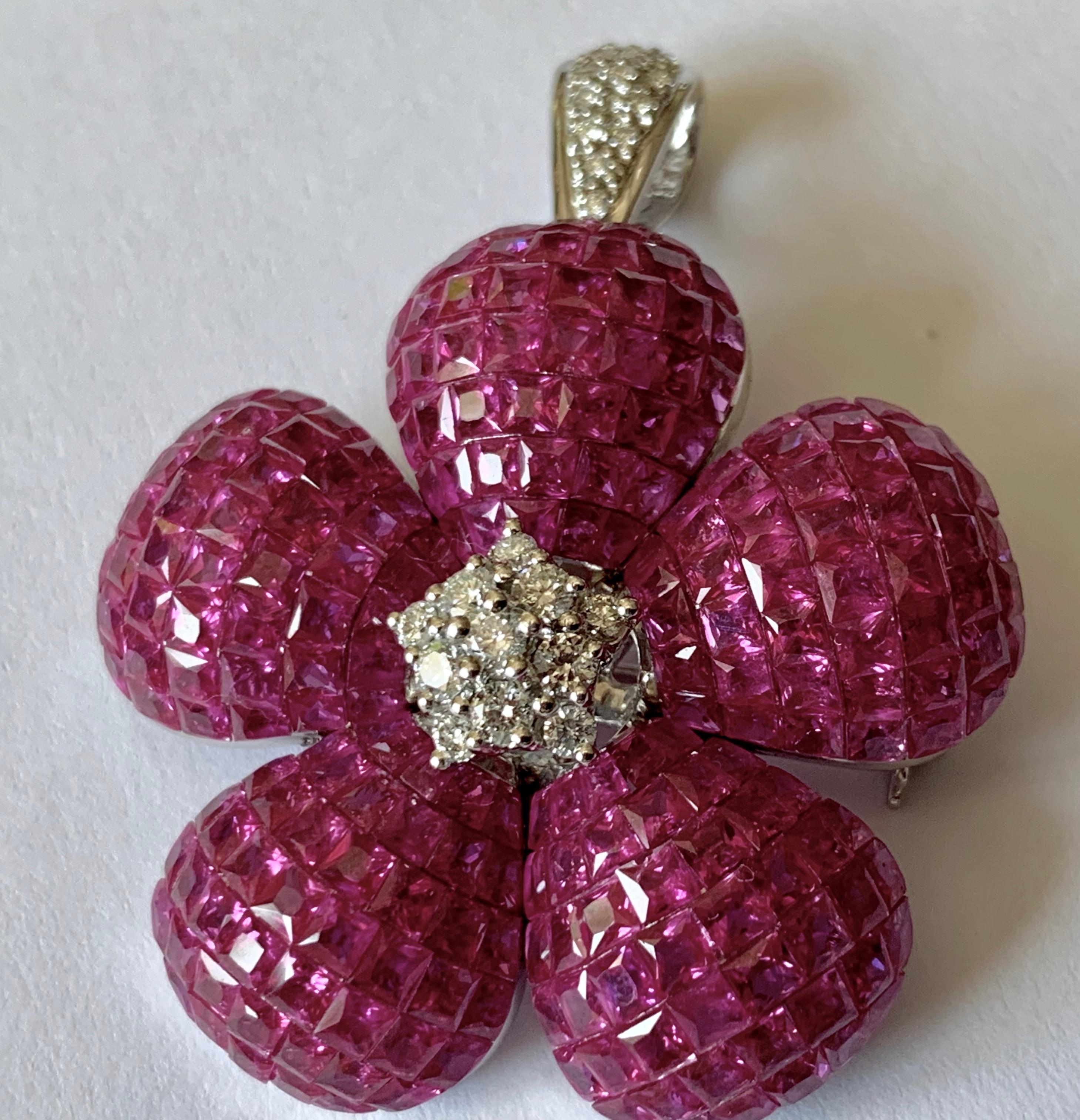 Round Cut Invisible Mystery Set Ruby and Diamond Flower Brooch and Pendant