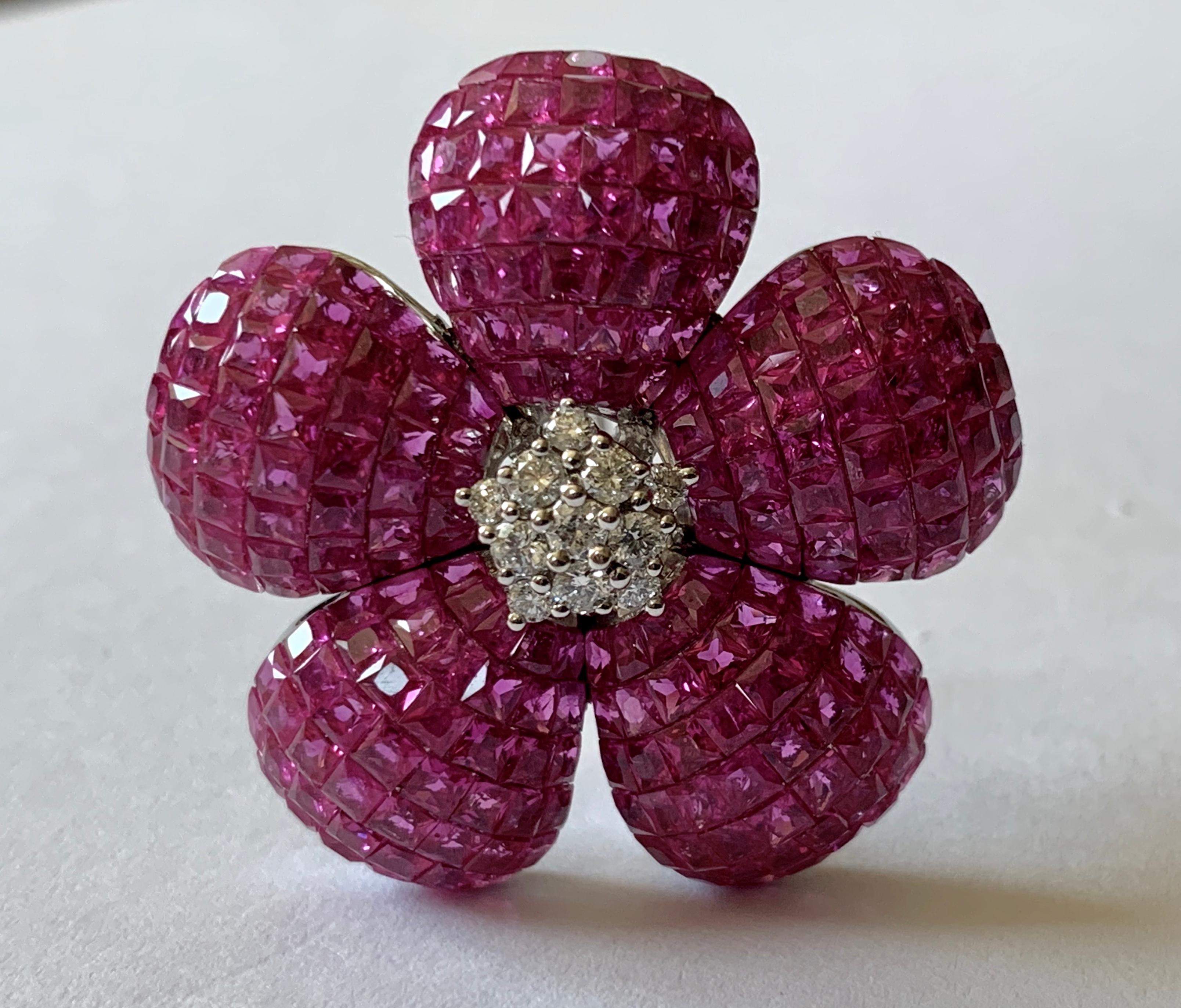 Women's Invisible Mystery Set Ruby and Diamond Flower Brooch and Pendant