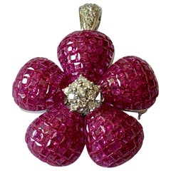Invisible Mystery Set Ruby and Diamond Flower Brooch and Pendant