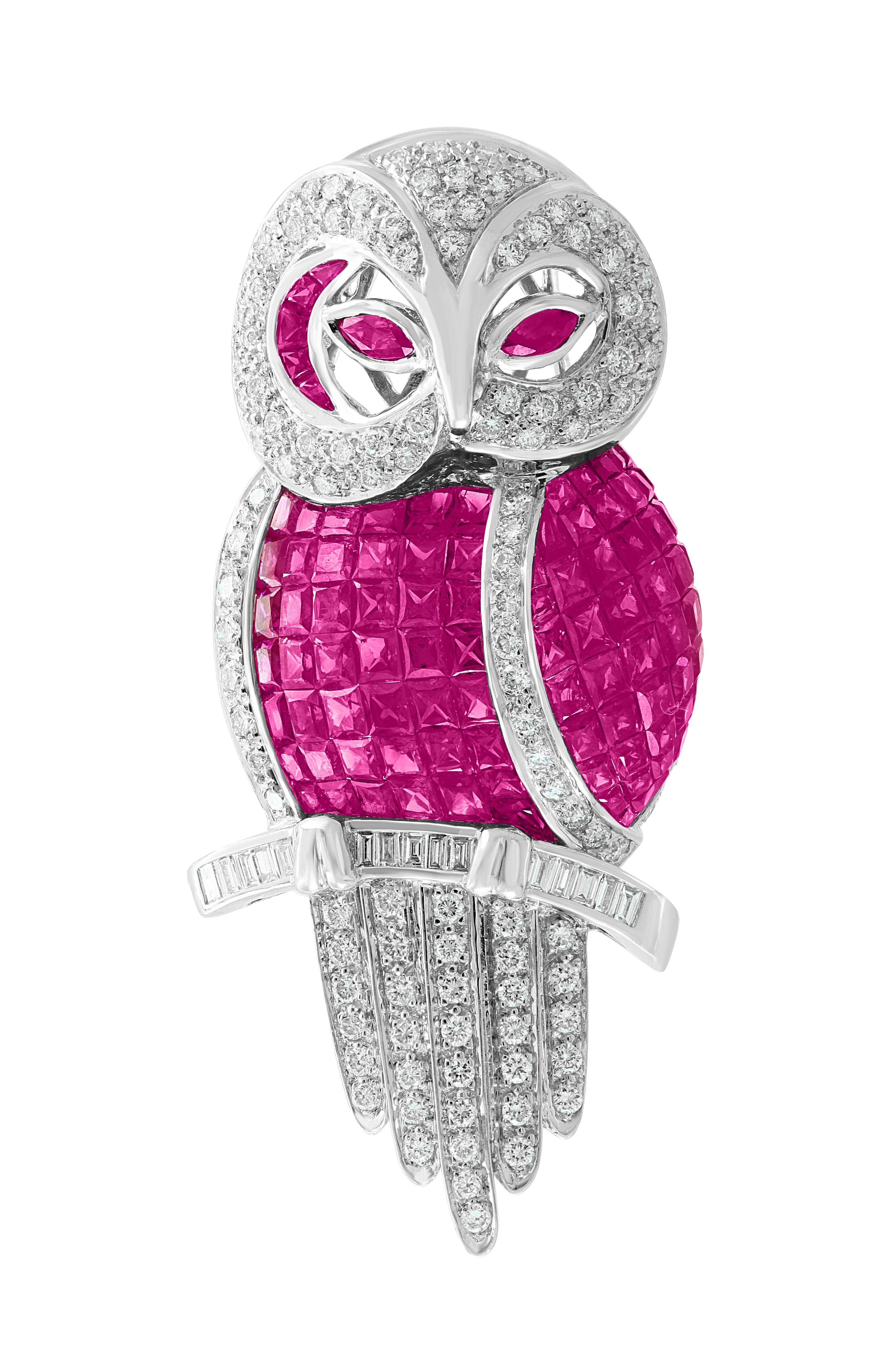 Invisible Mystery Set Ruby and Diamond Owl Pin or Pendant 18 Karat White Gold 1