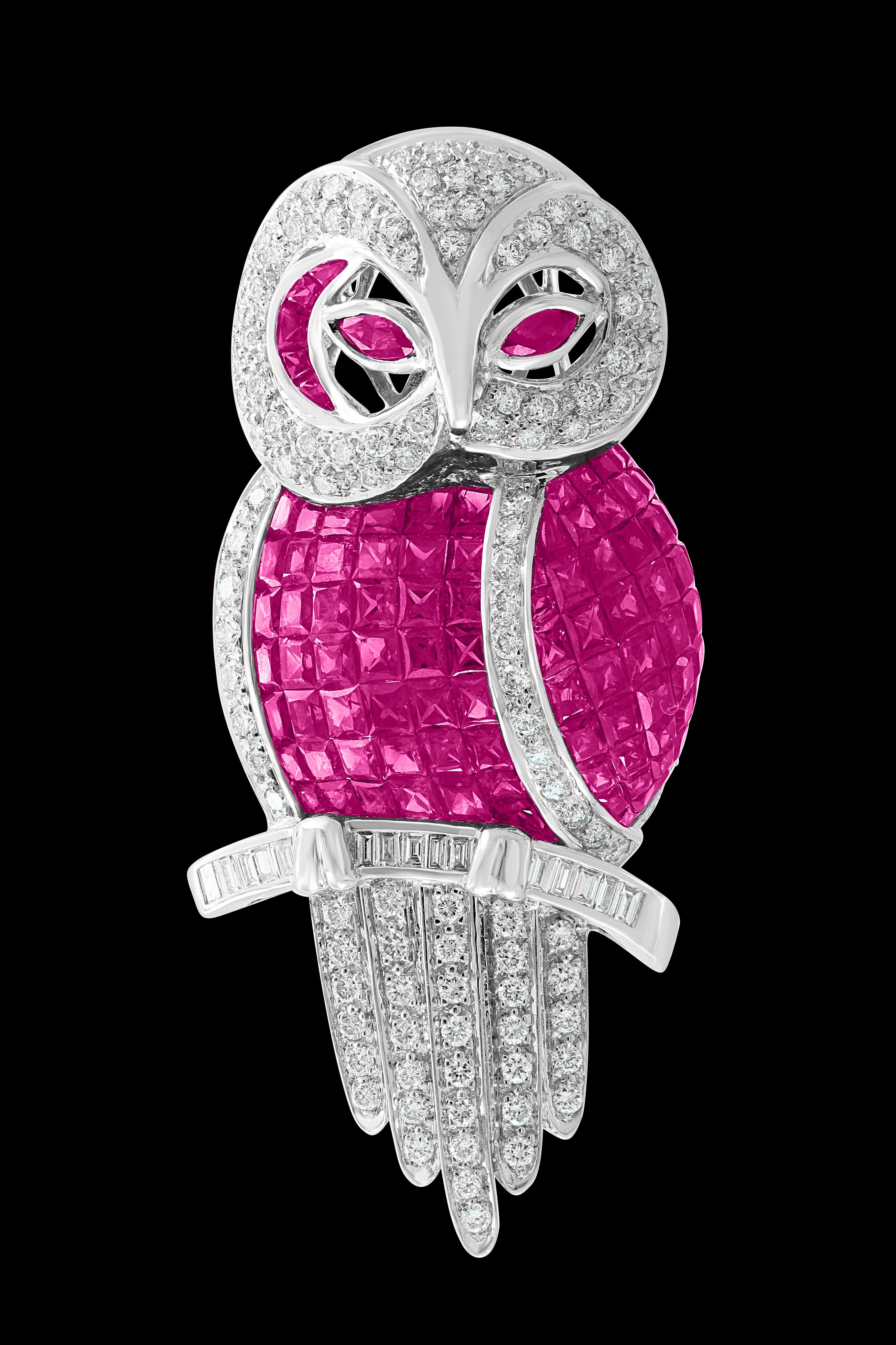 Invisible Mystery Set Ruby and Diamond Owl Pin or Pendant 18 Karat White Gold 2