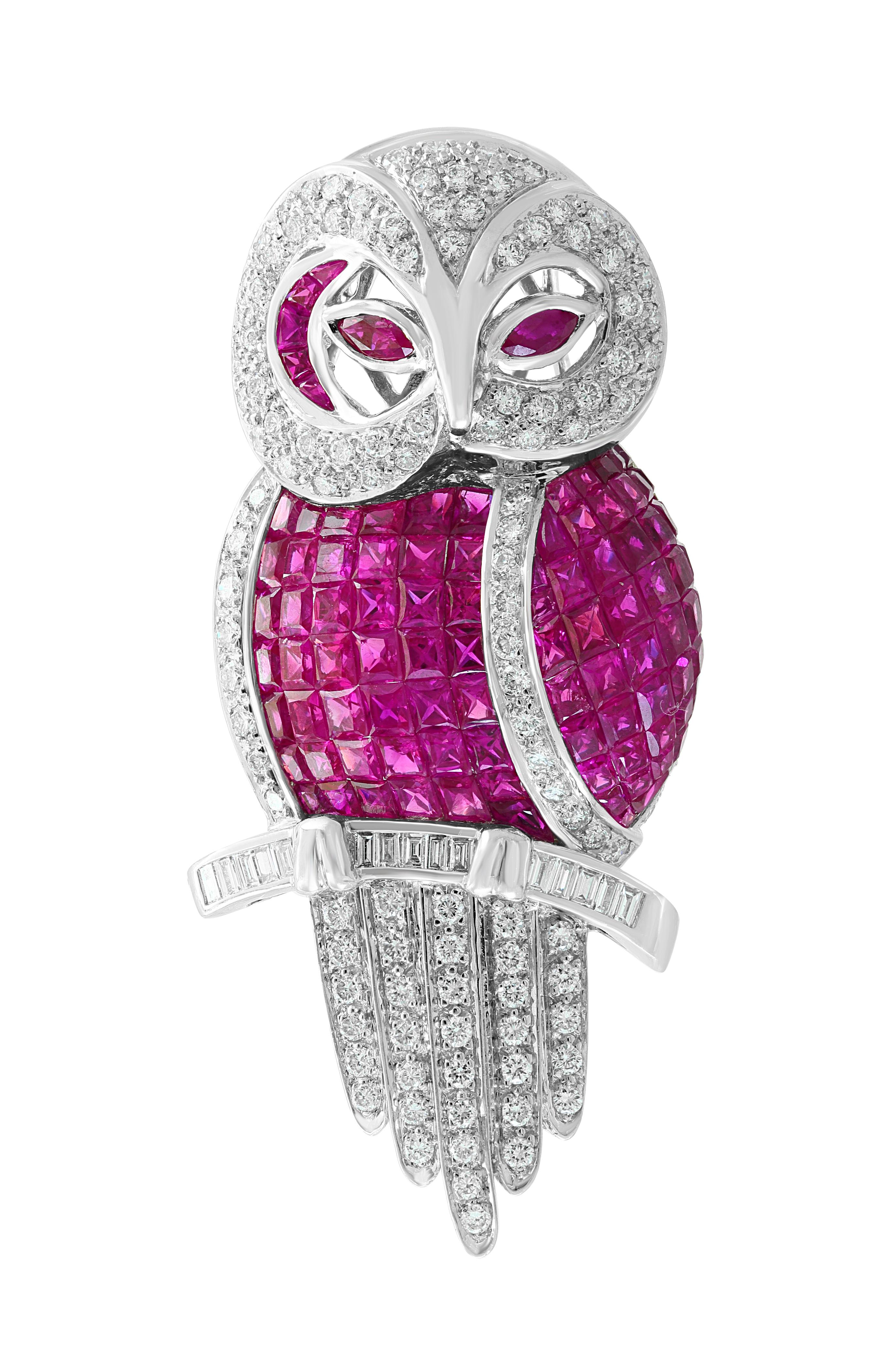 Princess Cut Invisible Mystery Set Ruby and Diamond Owl Pin or Pendant 18 Karat White Gold