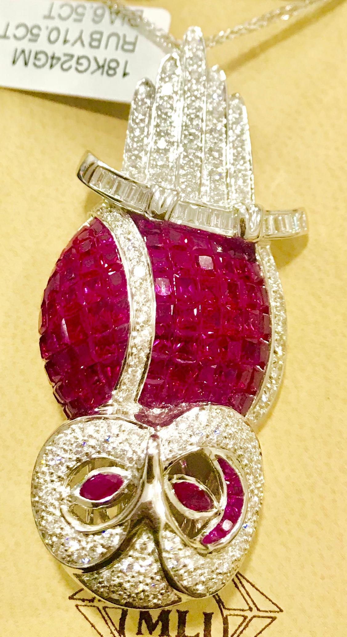 Women's or Men's Invisible Mystery Set Ruby and Diamond Owl Pin or Pendant 18 Karat White Gold