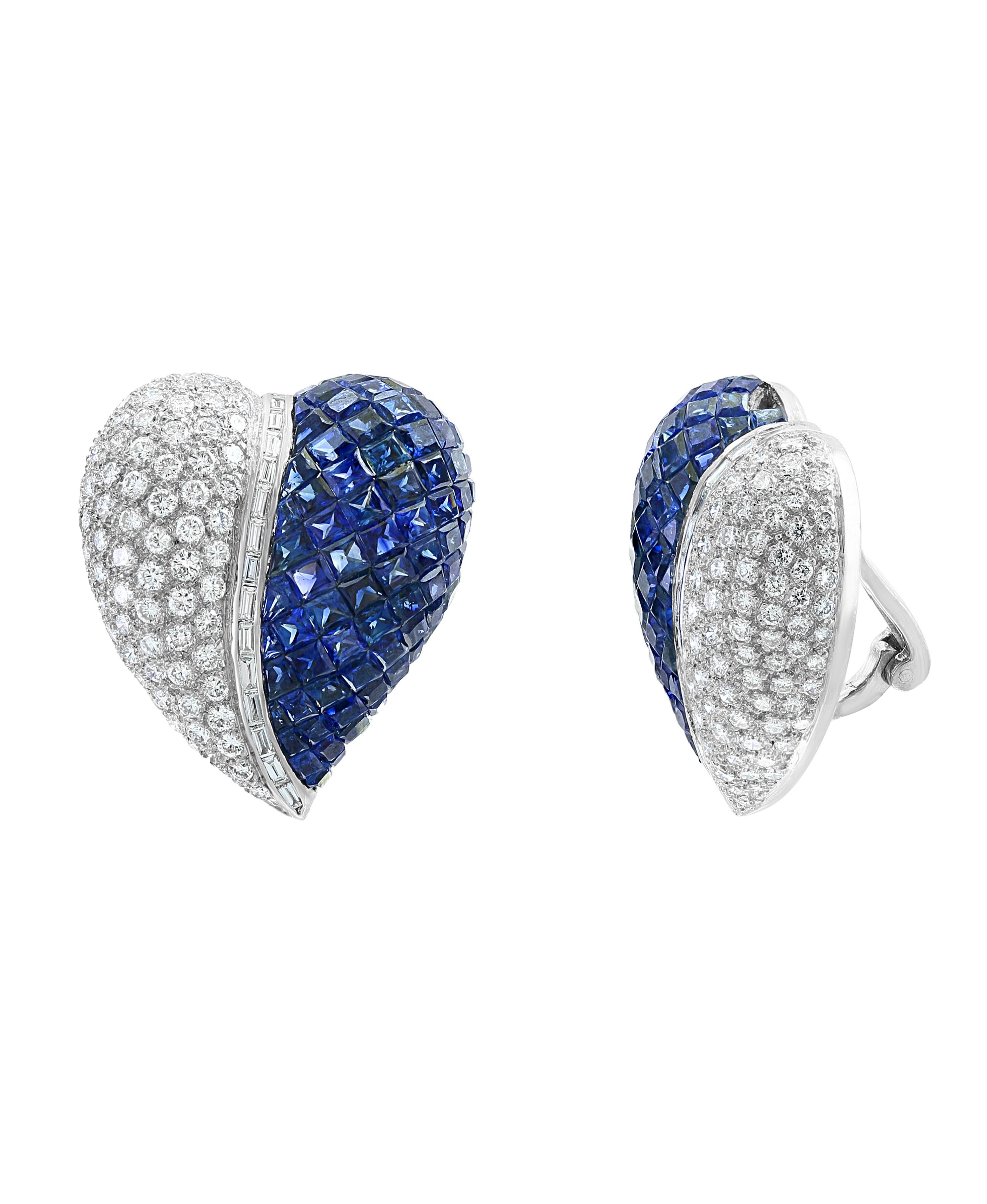 Invisible or Mystery set  blue  Princess cut  Sapphire   And  Diamond  Cocktail Stud  Earring in 18 K  White Gold In Heart shape .
perfect pair made in  18 Karat White  gold . 
18 K gold 30 Grams
 Diamonds: approximate 5.5 carat , VS Quality G