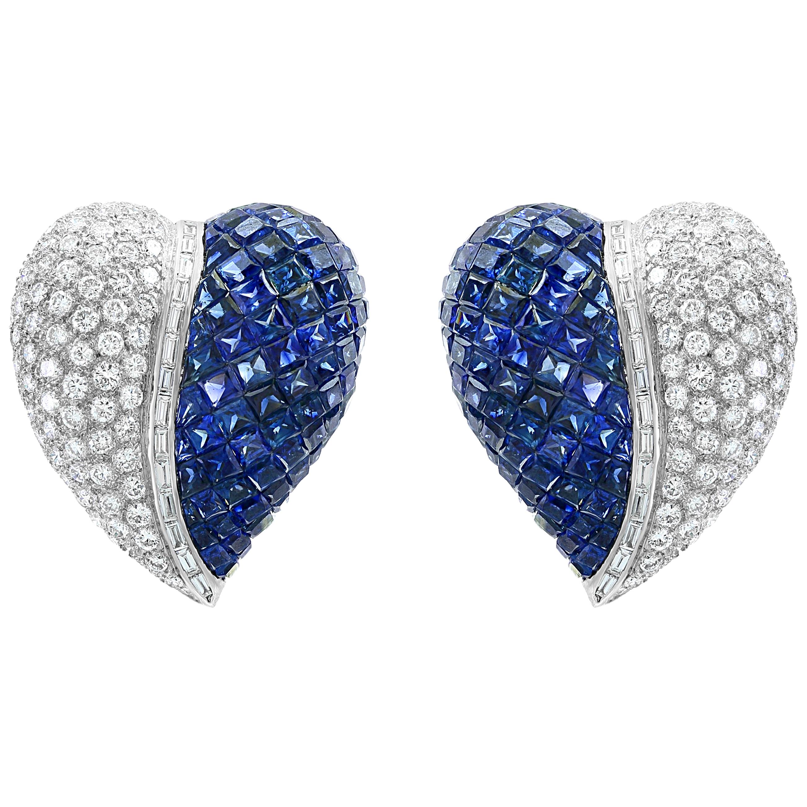Unsichtbarer Mystery Set Saphir und Diamant Cocktail-Ohrring 18 Karat Gold im Angebot