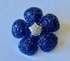 Invisible Mystery Set Sapphire Diamond Flower Brooch and Pendant