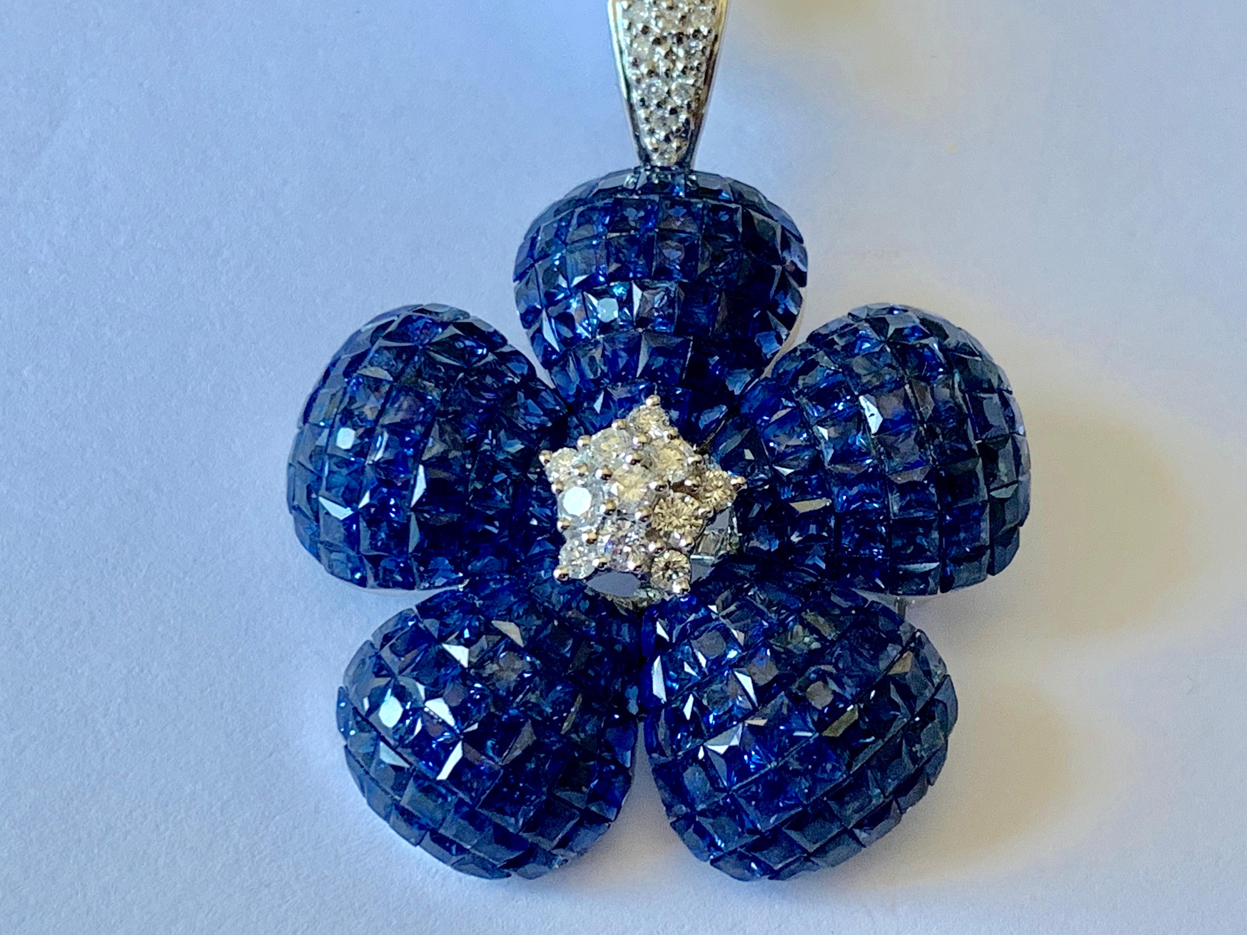 Contemporary Invisible Mystery Set Sapphire Diamond Flower Brooch and Pendant