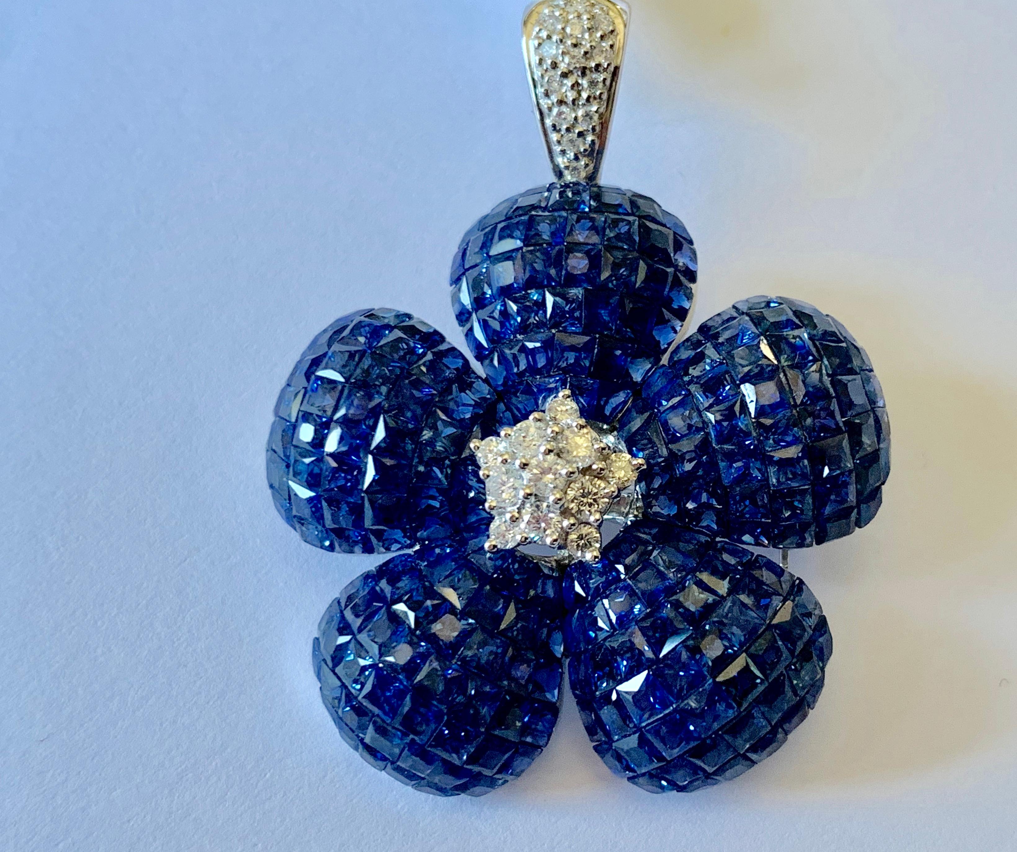 Round Cut Invisible Mystery Set Sapphire Diamond Flower Brooch and Pendant