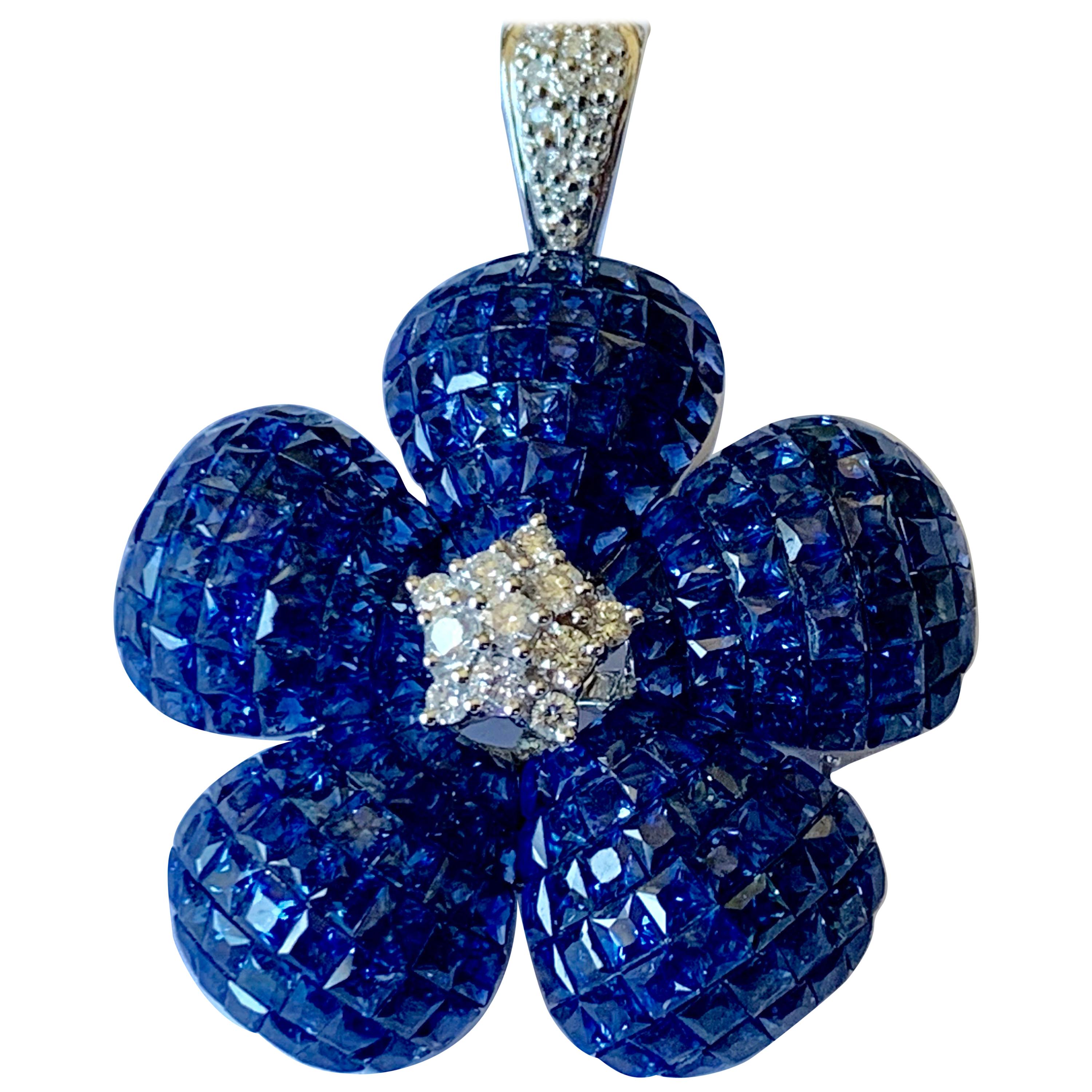 Invisible Mystery Set Sapphire Diamond Flower Brooch and Pendant