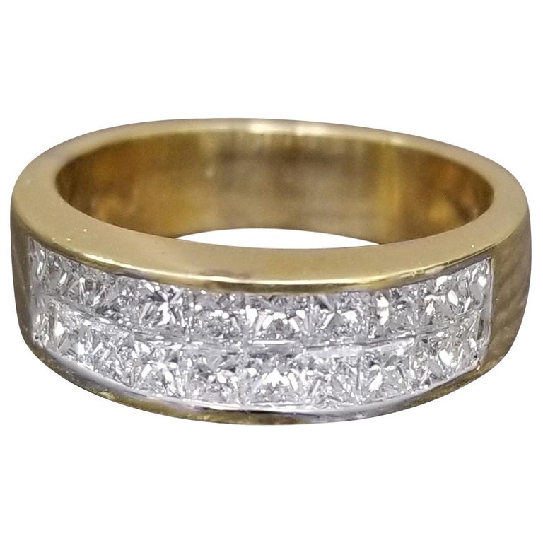 Bague Or Jaune 18 Carats Avec Diamants Princesse - Taille 68, Occasion - Bijou Précieux