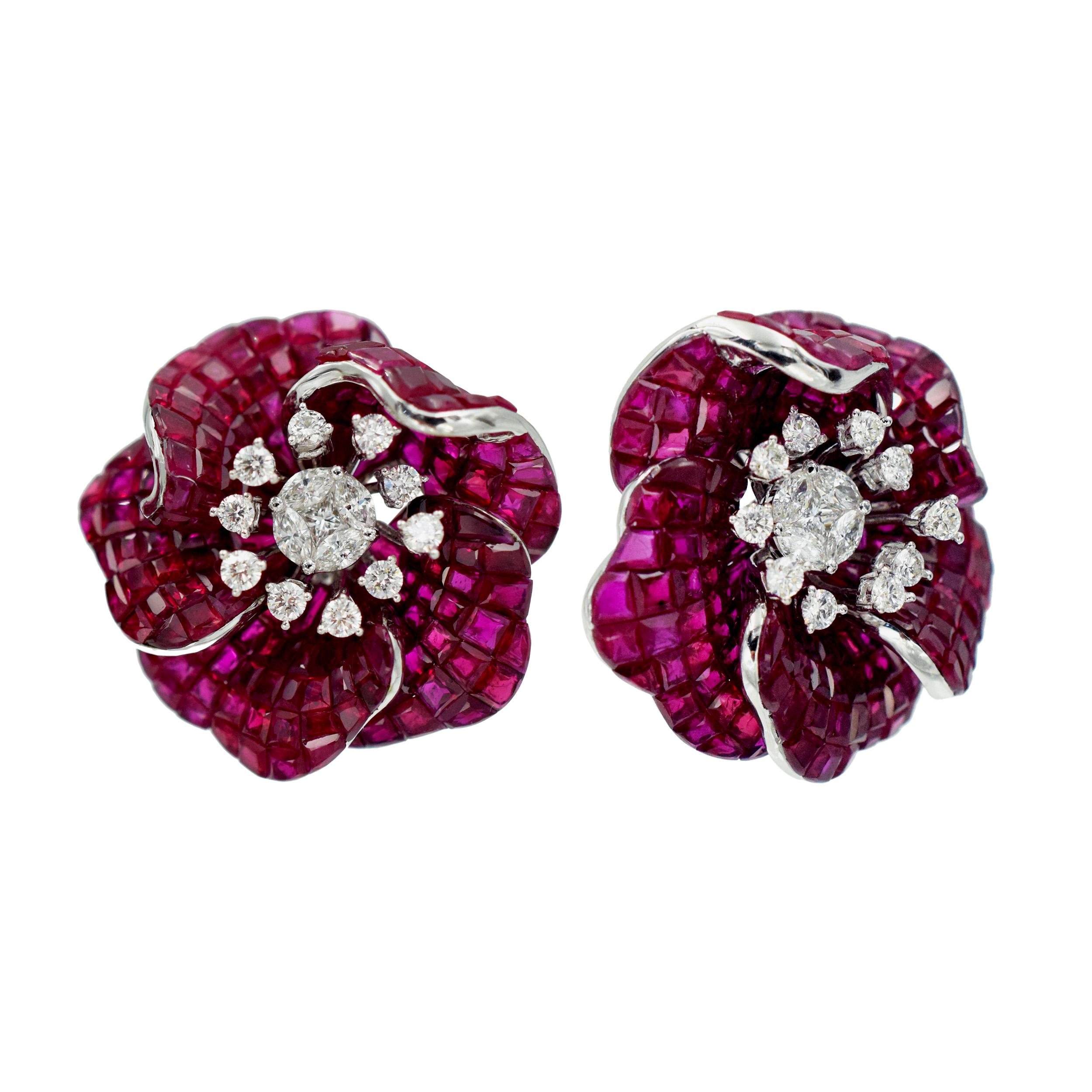 Square Cut Invisible Ruby and Diamond Earrings