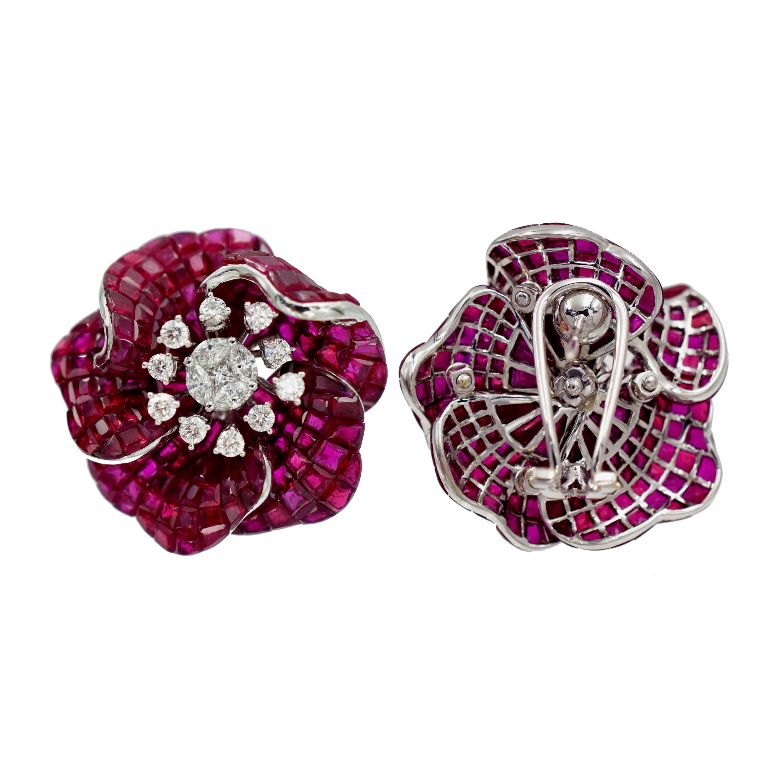 Women's Invisible Ruby and Diamond Earrings
