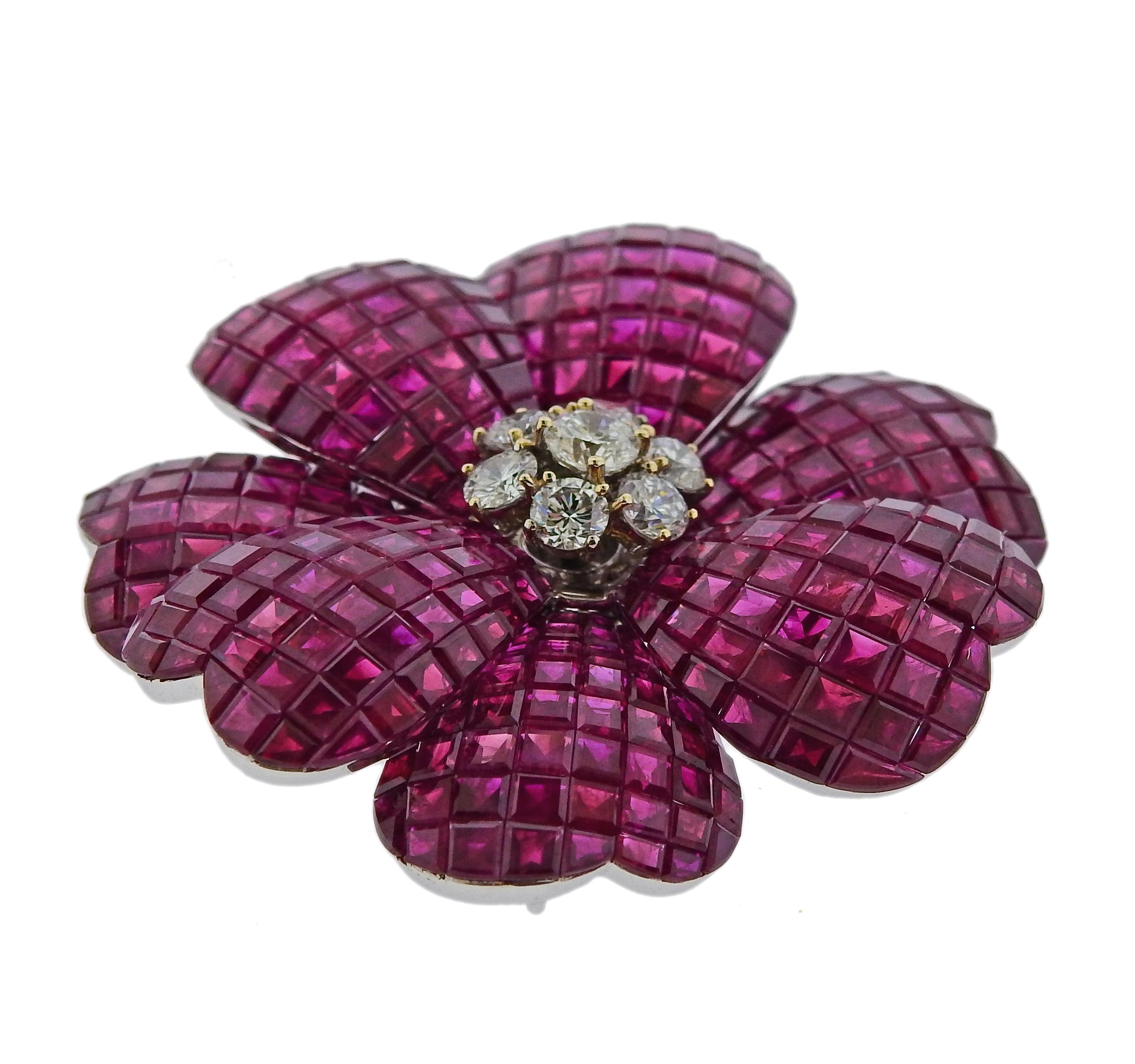 Contemporary Invisible Ruby and Diamond Flower Brooch