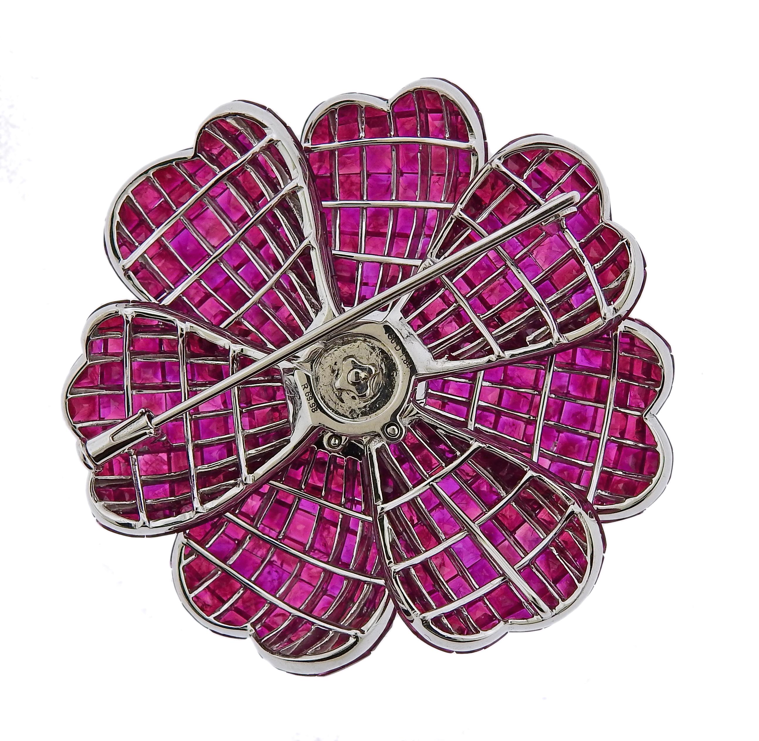 Princess Cut Invisible Ruby and Diamond Flower Brooch