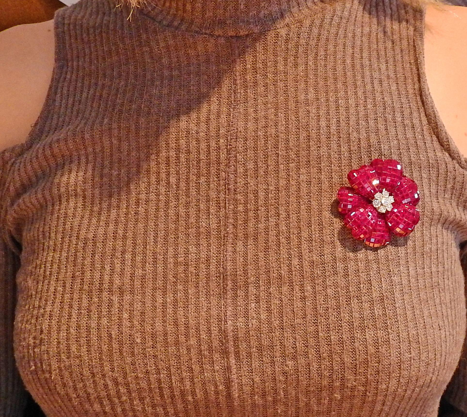 Invisible Ruby and Diamond Flower Brooch In Excellent Condition In New York, NY