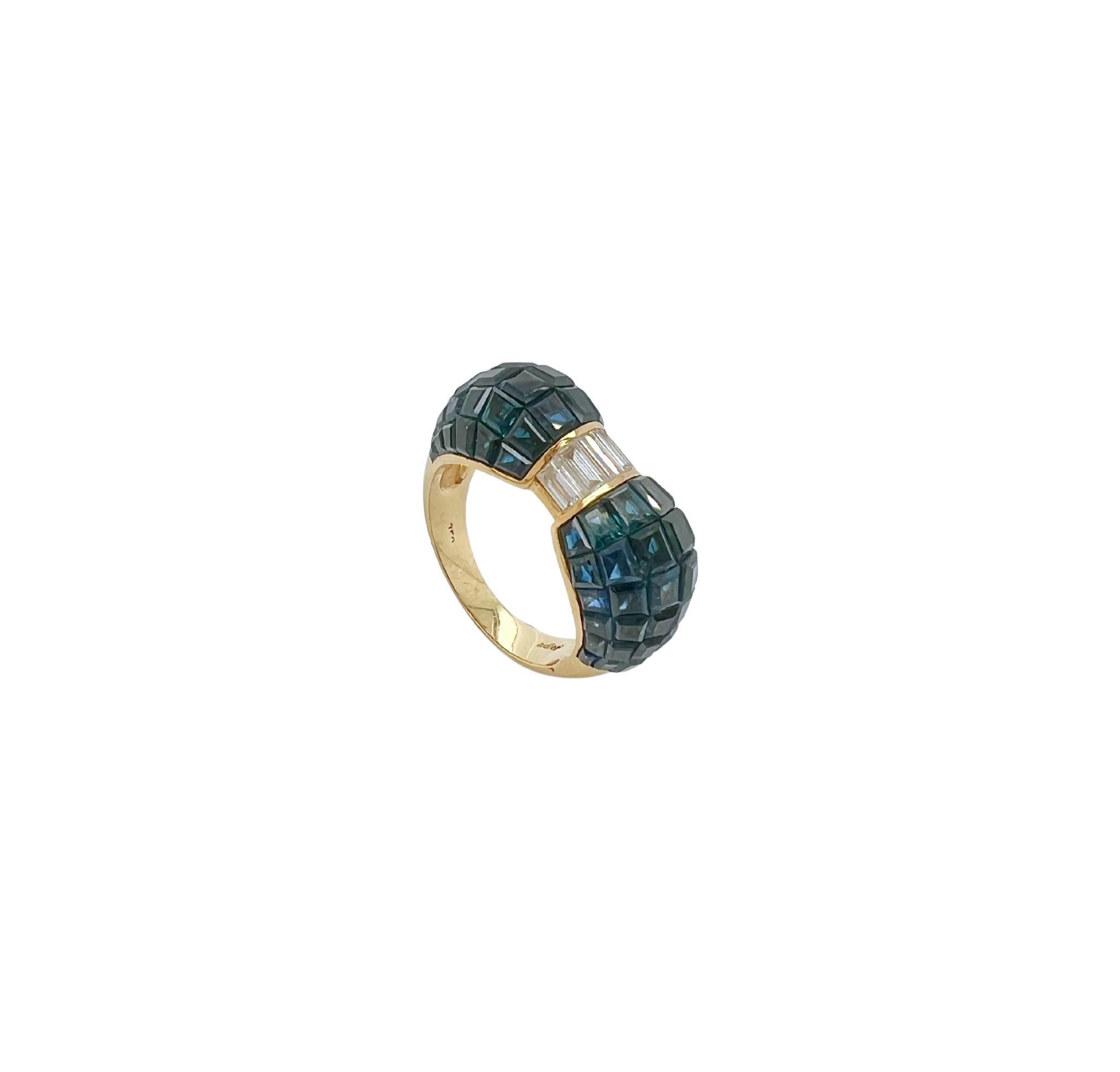 Invisible Sapphire Diamond 18k Gold Ring

Details:
Approx. 7-8 carats of invisible mixed cut sapphires, and approx. 1 carat of baguette-cut diamonds. 
Ring size: 6.5
Weight of the ring: 9.4 grams

In excellent condition
