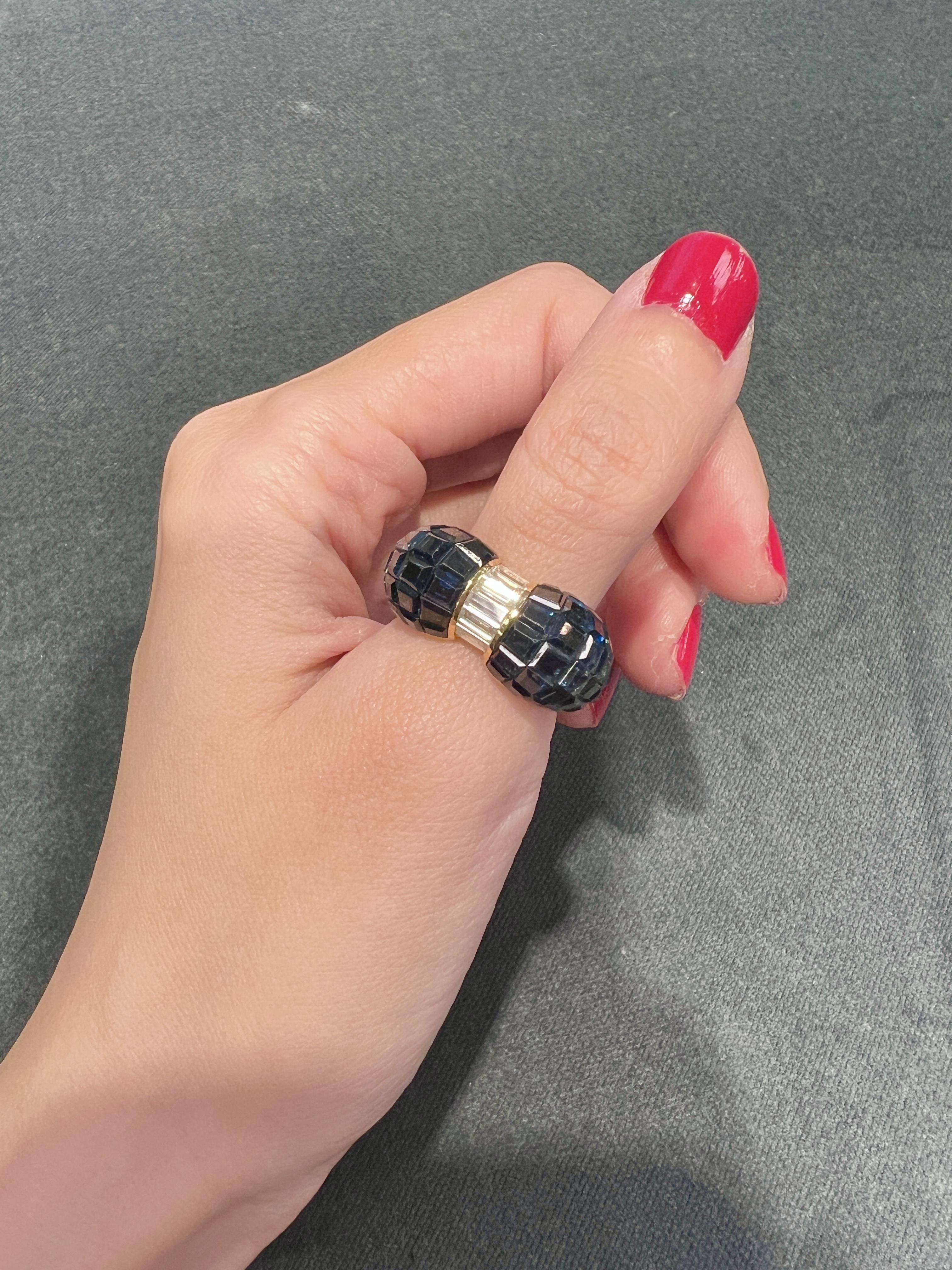 Women's Invisible Sapphire Diamond 18k Gold Ring For Sale