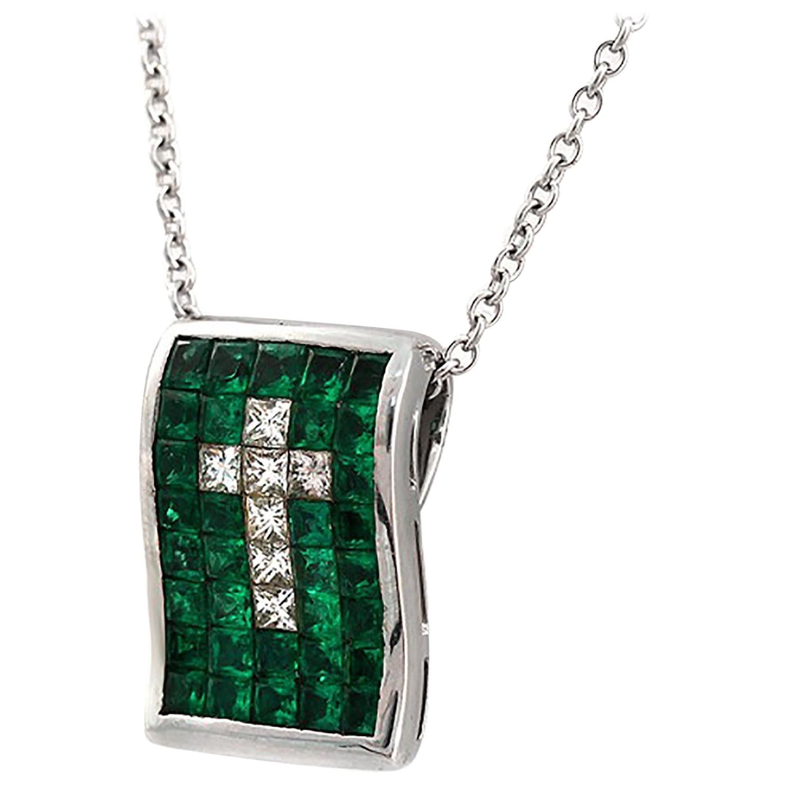 Invisible Set 0.73 CT Diamonds 2.66 CT Colombian Emerald 14K Gold Cross Necklace