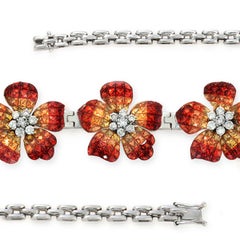 Invisible Set 24 Ct Natural Orange Sapphire & Diamonds 18k Gold Bracelet