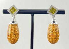 Invisible Set 30.35 Carat Yellow Sapphire and 1.37 Diamond Drop Dangle Earrings