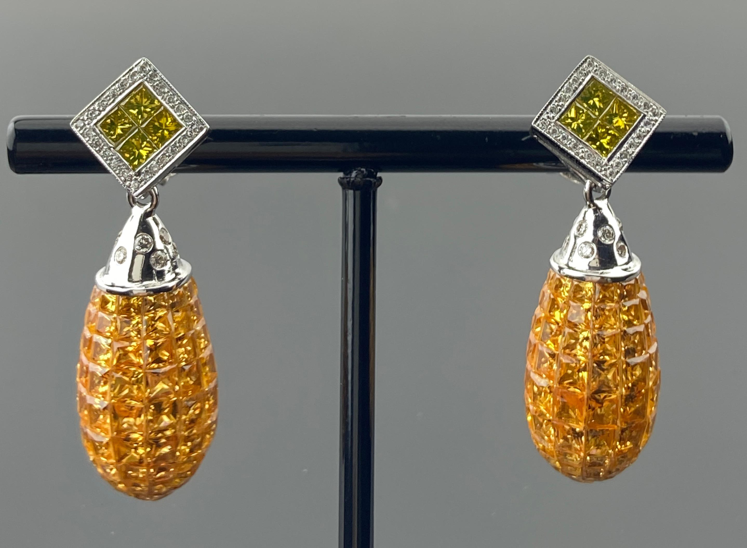 Art Deco Invisible Set 30.35 Carat Yellow Sapphire and 1.37 Diamond Drop Dangle Earrings For Sale
