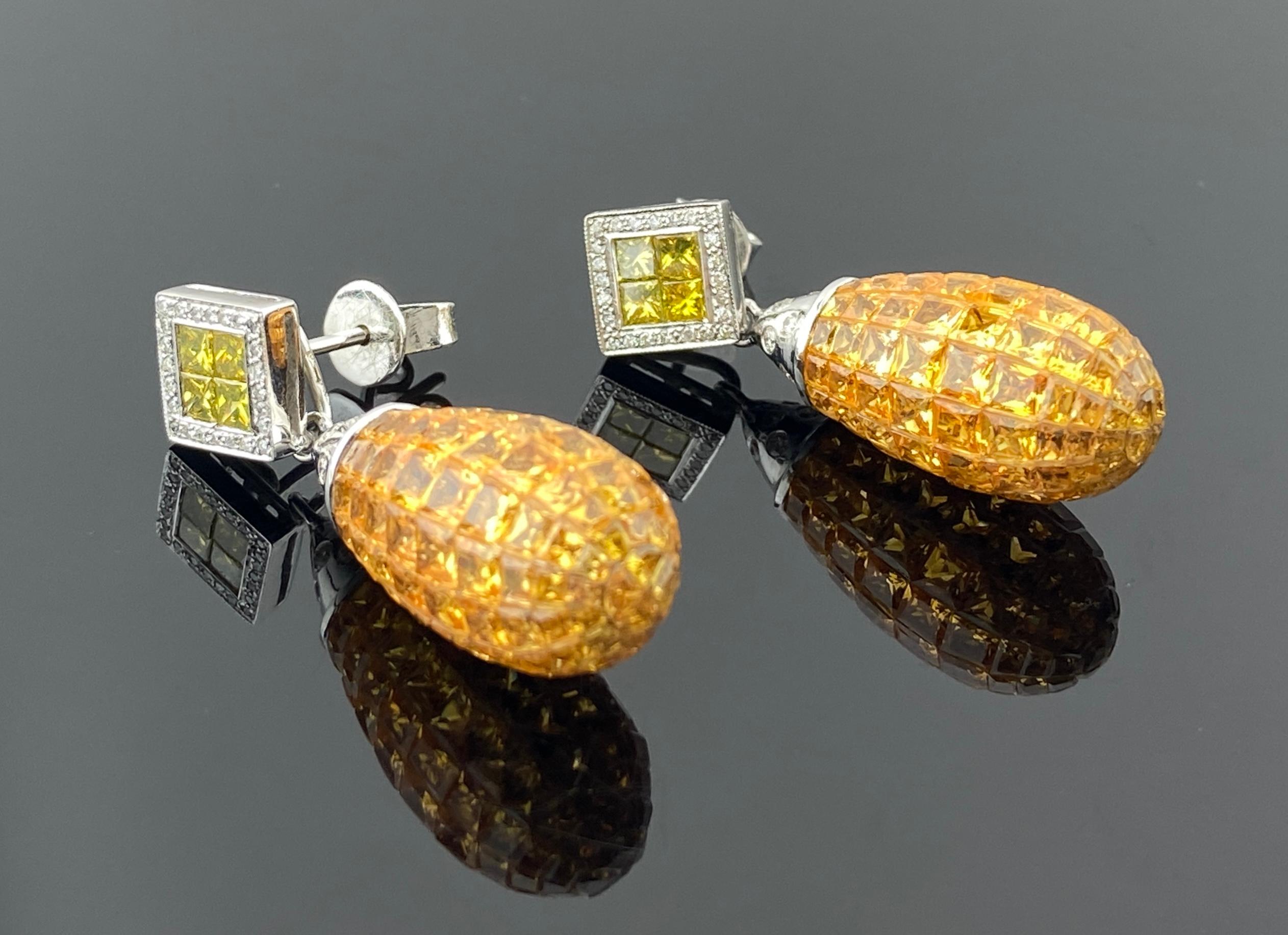 Princess Cut Invisible Set 30.35 Carat Yellow Sapphire and 1.37 Diamond Drop Dangle Earrings For Sale