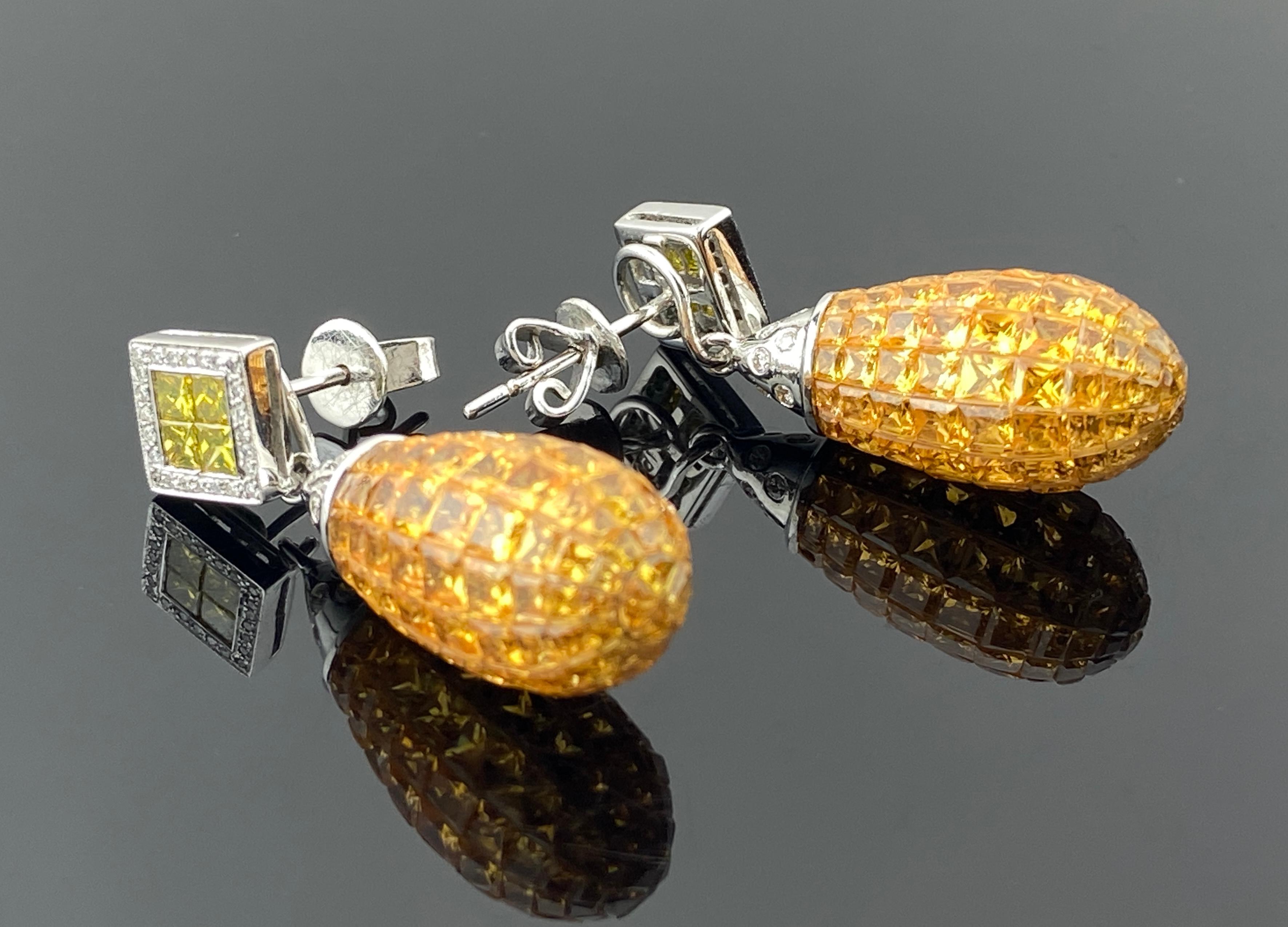 Invisible Set 30.35 Carat Yellow Sapphire and 1.37 Diamond Drop Dangle Earrings In New Condition For Sale In Bangkok, Thailand