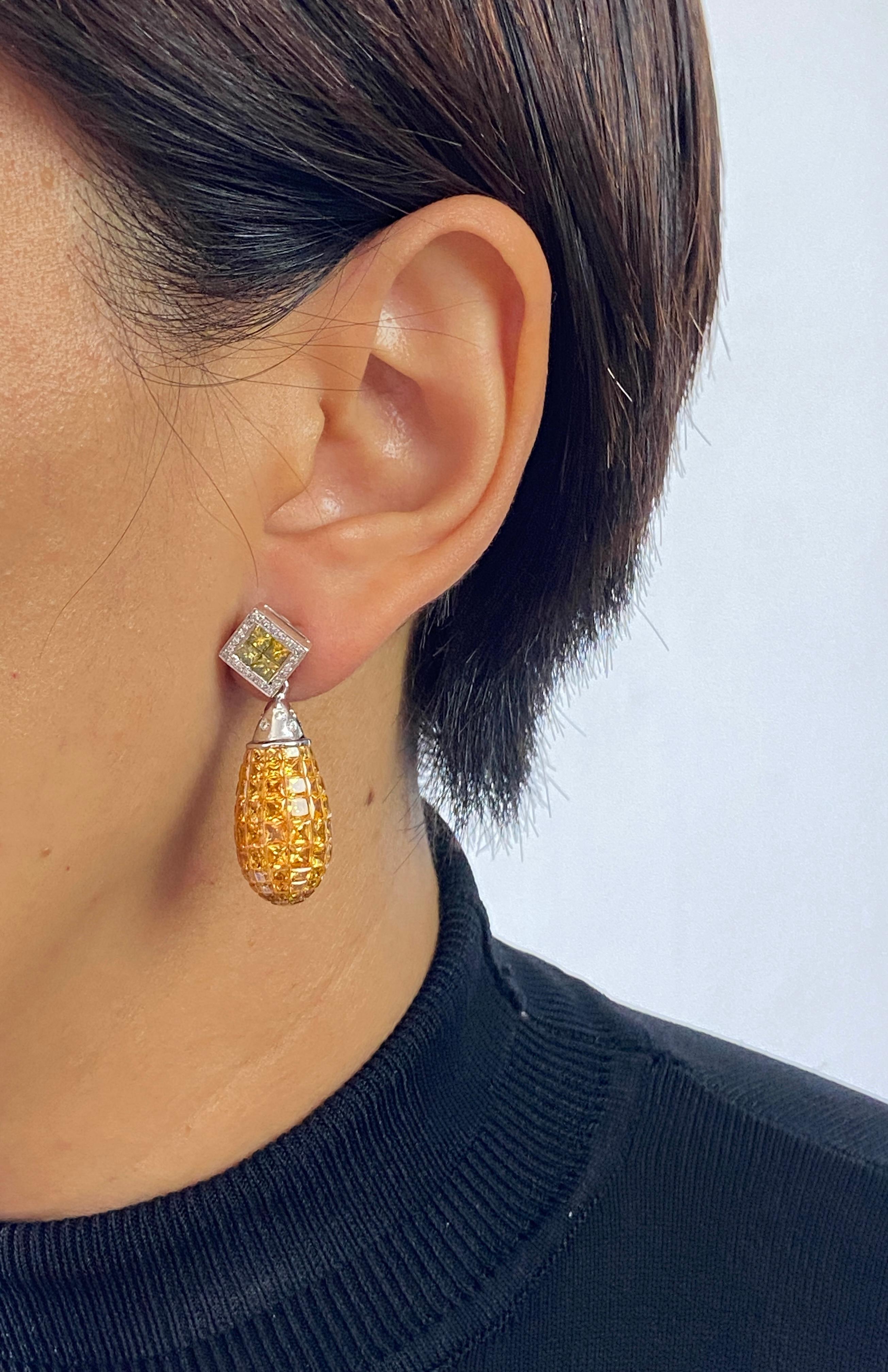 Women's or Men's Invisible Set 30.35 Carat Yellow Sapphire and 1.37 Diamond Drop Dangle Earrings For Sale