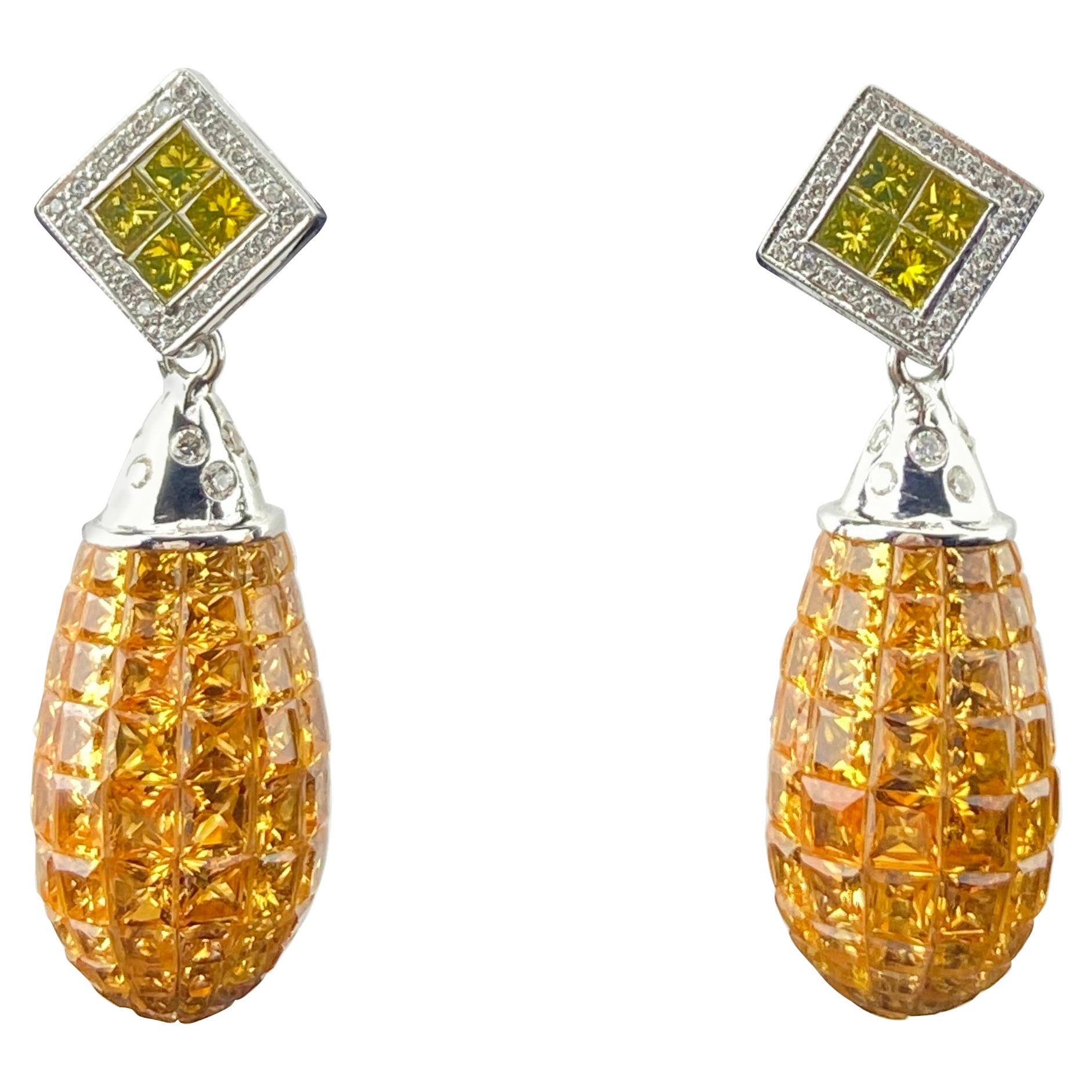 Unsichtbare Ohrringe mit 30,35 Karat gelbem Saphir und 1,37 Diamanten in Tropfenform