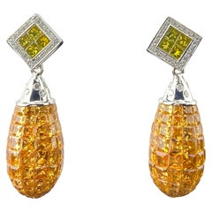 Invisible Set 30.35 Carat Yellow Sapphire and 1.37 Diamond Drop Dangle Earrings