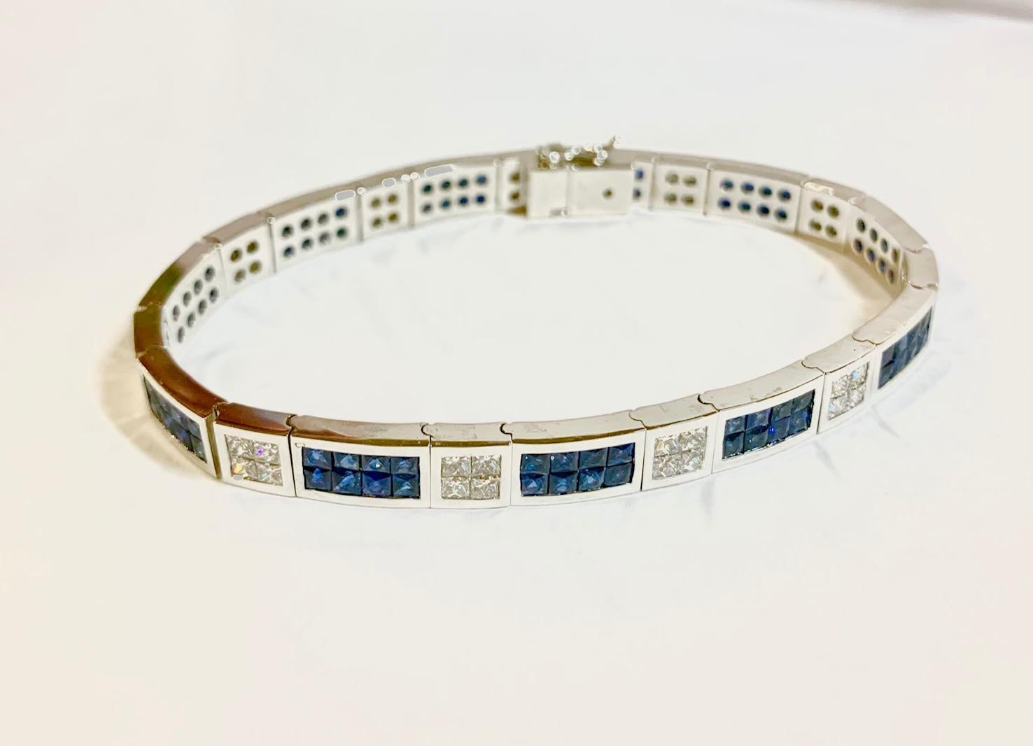 Contemporary Invisible Set 6.50 Carat Sapphire and Diamond Bracelet For Sale