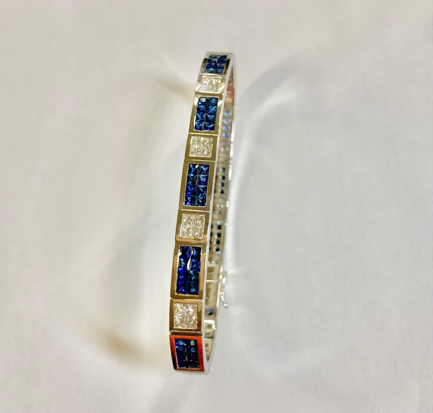 Princess Cut Invisible Set 6.50 Carat Sapphire and Diamond Bracelet For Sale