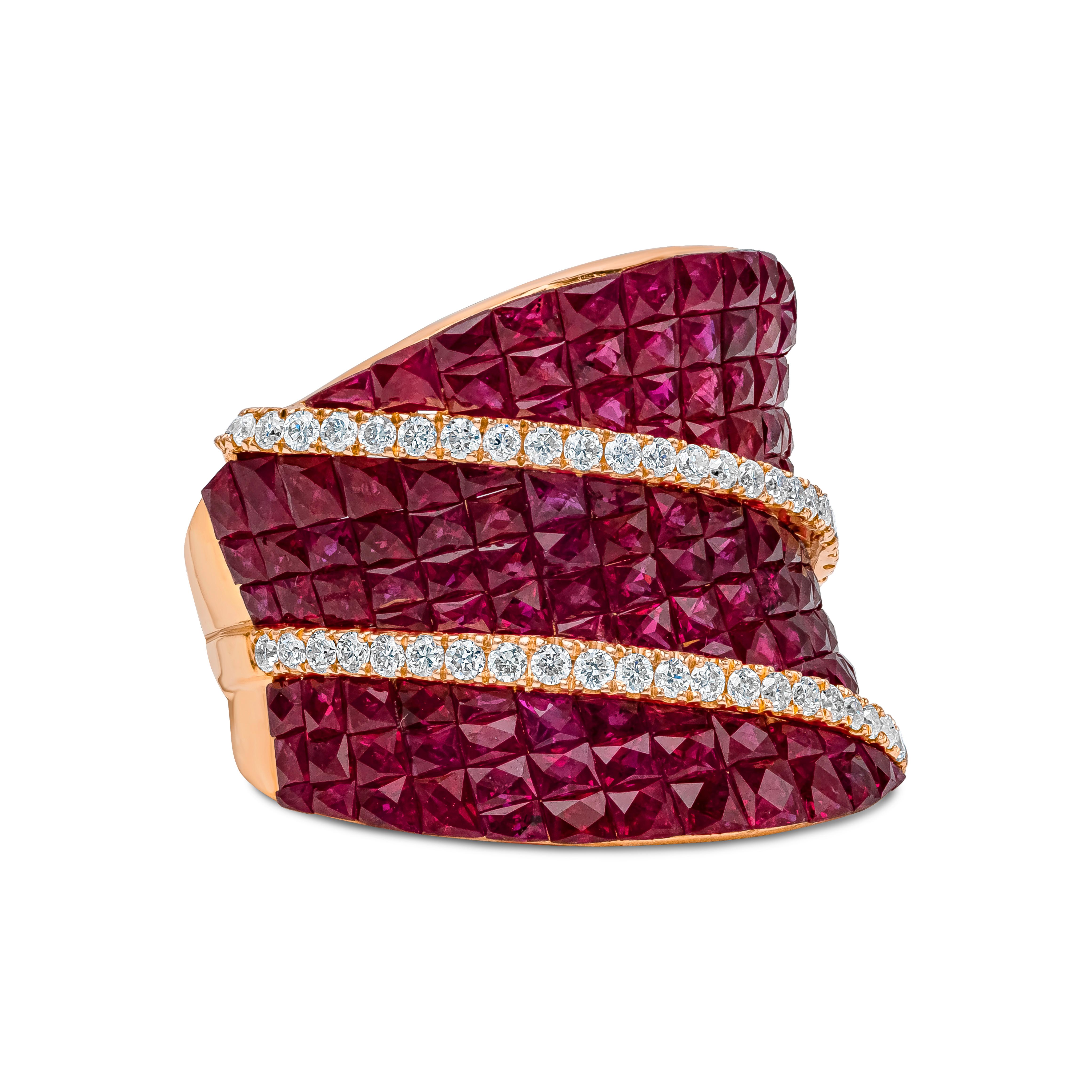 A fashionable piece of jewelry showcasing a cluster of invisible set rubies, accented by round brilliant diamonds. The gemstones are set in a beautiful concave mounting made in 18k rose gold. Rubies weigh 6.90 carats total; diamonds weigh 0.56