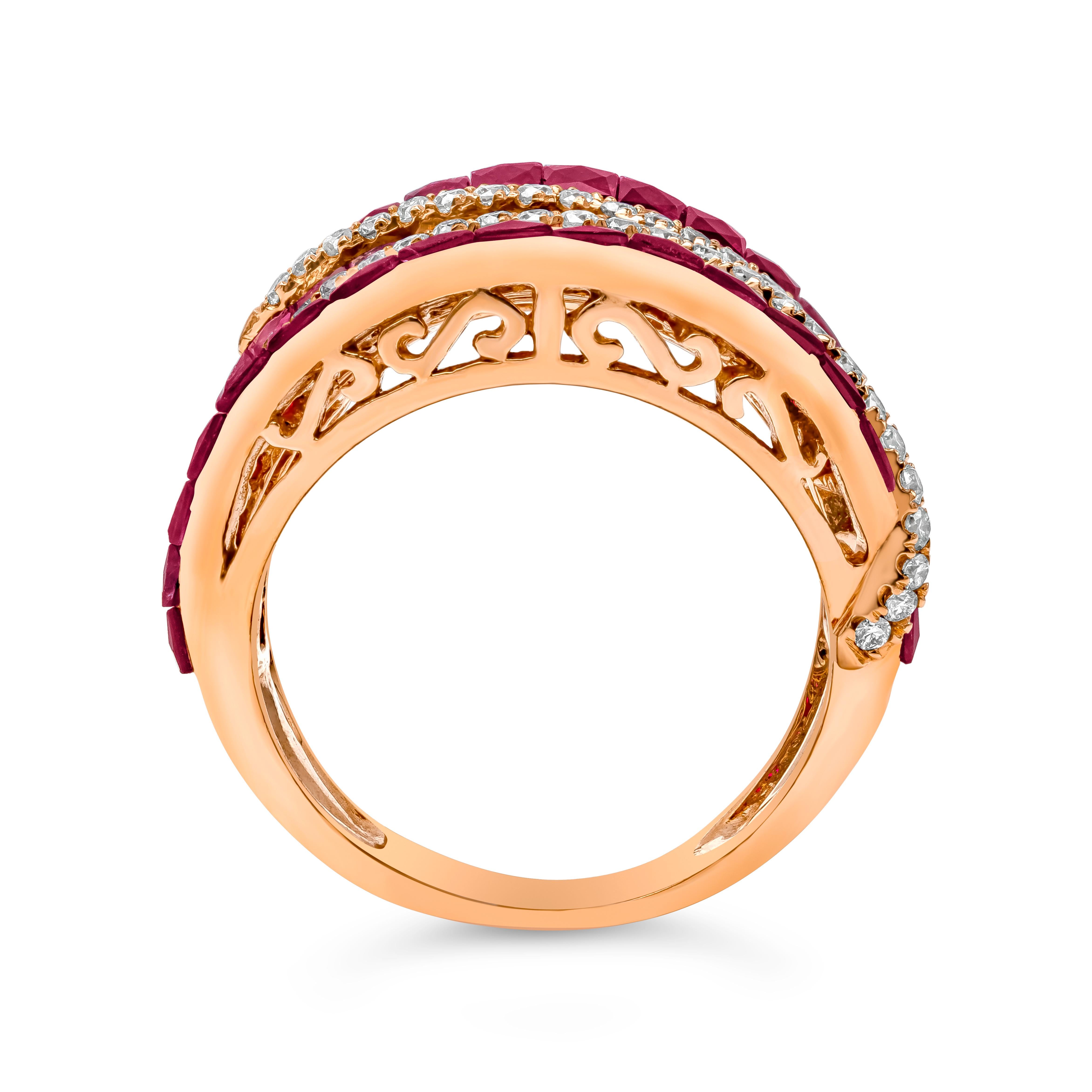 Modern Invisible Set 6.90 Carat Ruby and Diamond Concave Dome Ring in Rose Gold