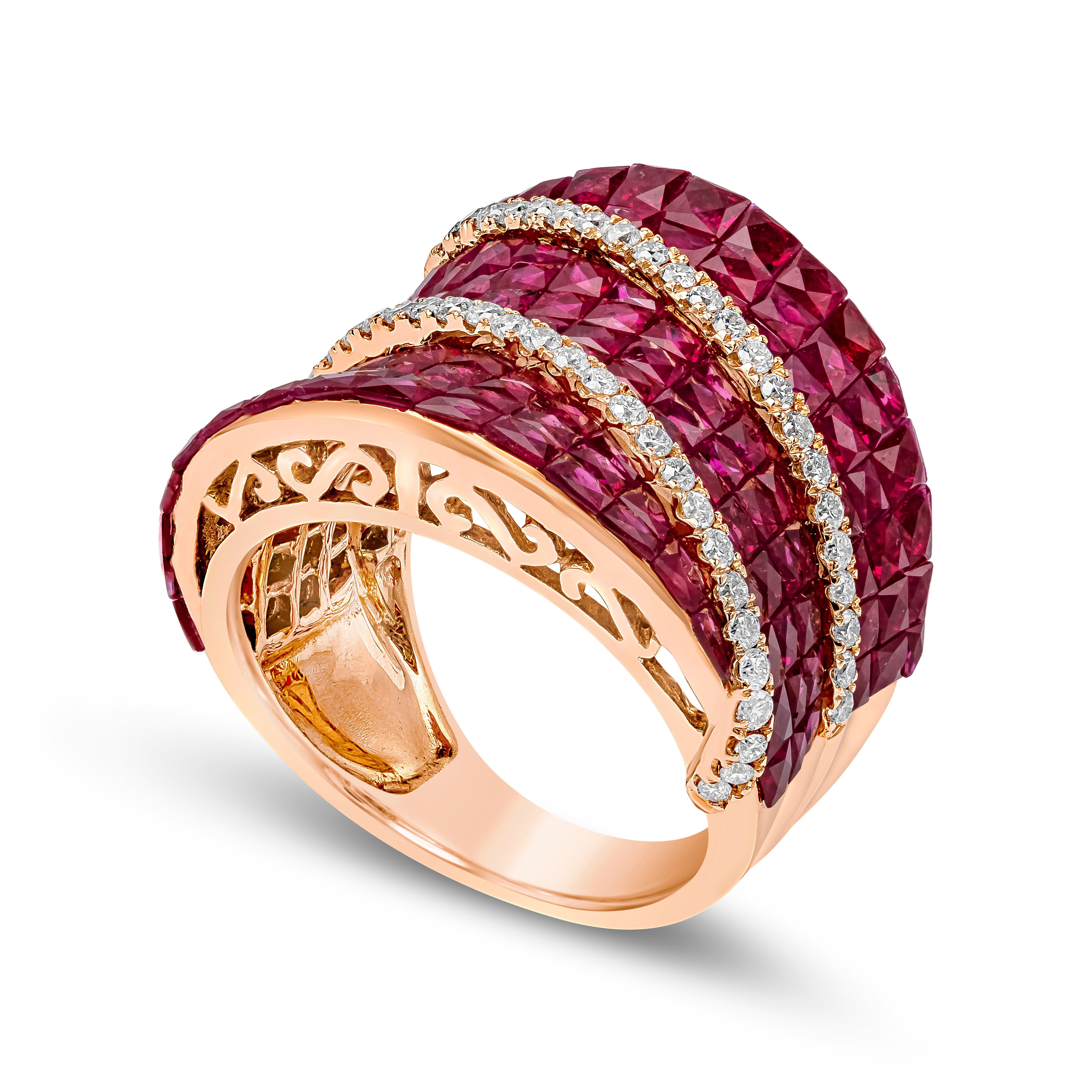 Mixed Cut Invisible Set 6.90 Carat Ruby and Diamond Concave Dome Ring in Rose Gold