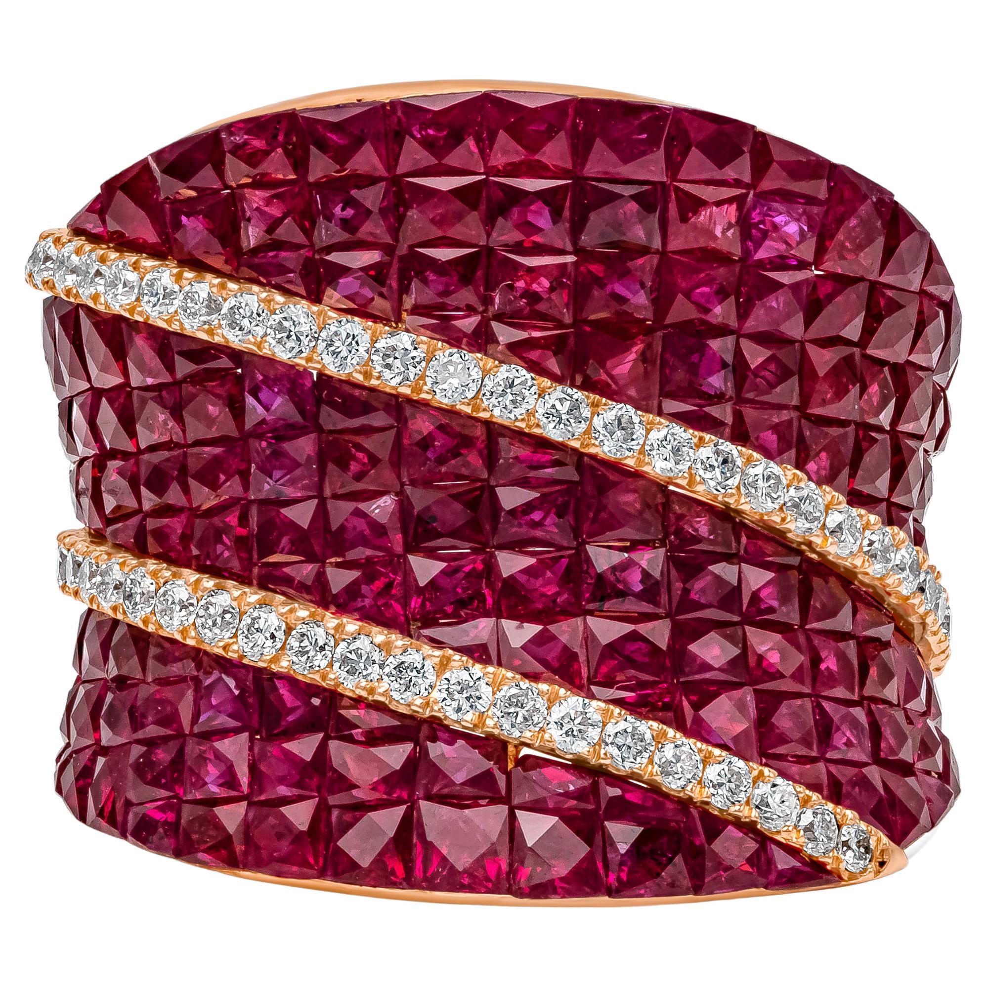 Invisible Set 6.90 Carat Ruby and Diamond Concave Dome Ring in Rose Gold