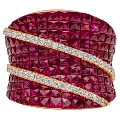 Invisible Set 6.90 Carat Ruby and Diamond Concave Dome Ring in Rose Gold