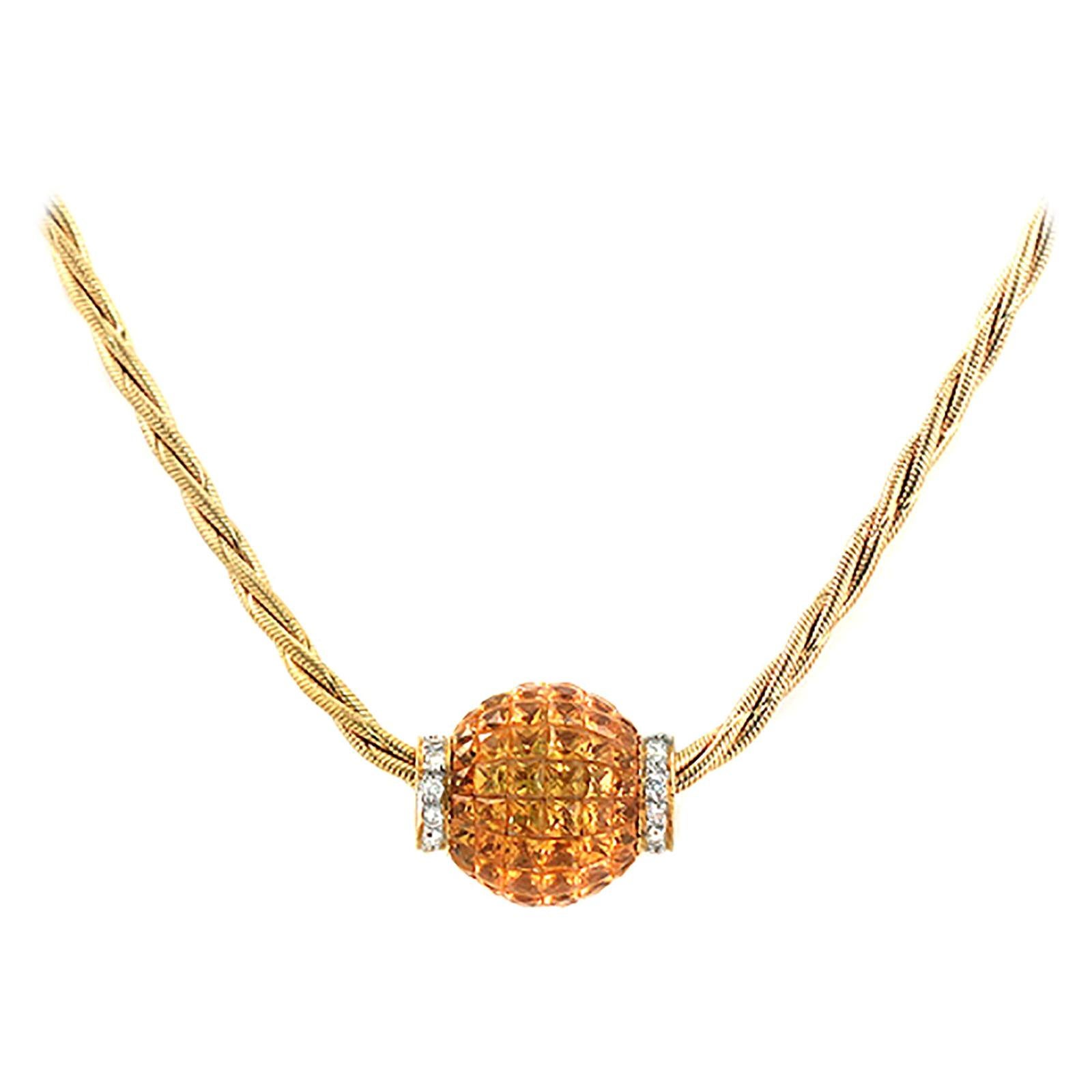 Invisible Set 8.50 Yellow Sapphire 0.18 Carat Diamonds 14 Karat Gold Necklace For Sale